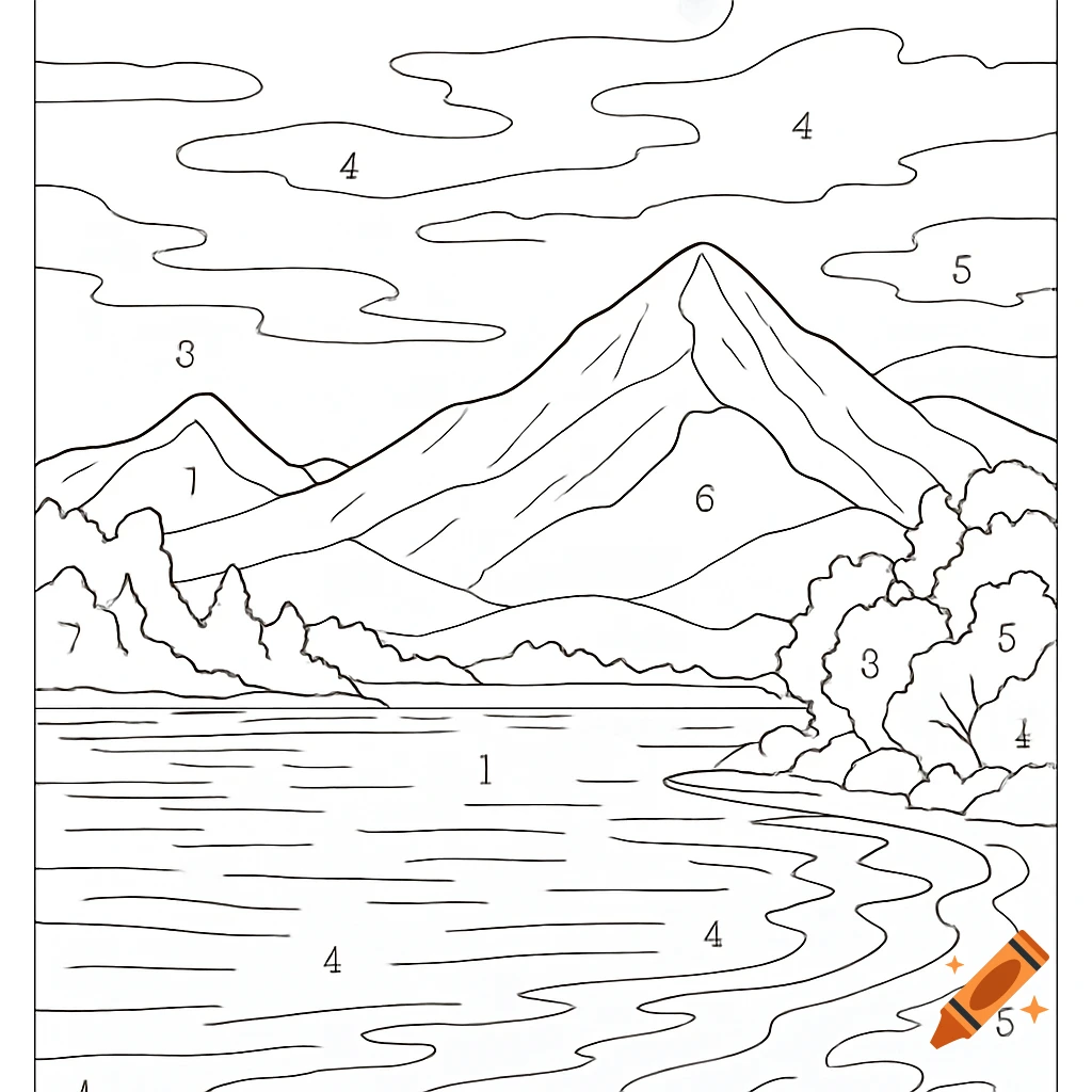 Line art coloring page of a lake, mountains, and sky, marked with numbers 1-7 for a paint-by-number activity.