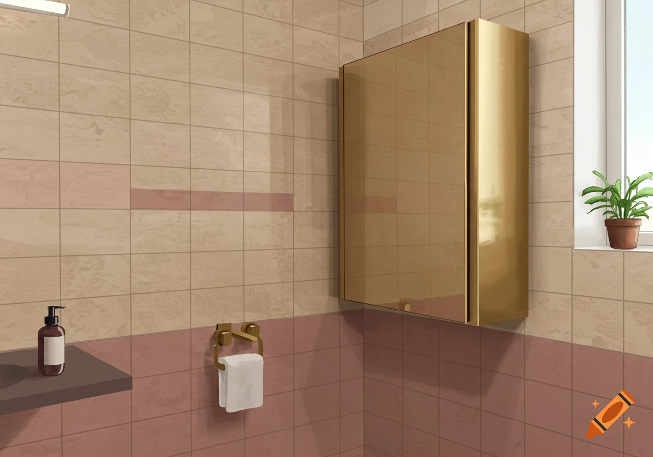 A modern bathroom with beige and pink rectangular tiles, a gold medicine cabinet, and a plant on a windowsill.