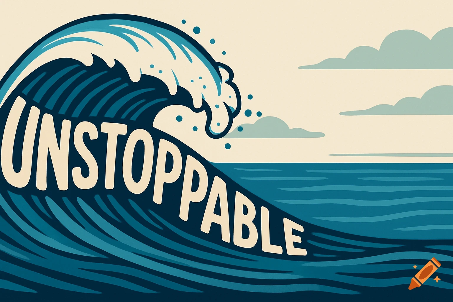 Stylized illustration of a large blue ocean wave with 'UNSTOPPABLE' written across it. Light blue sky and ocean in the background.