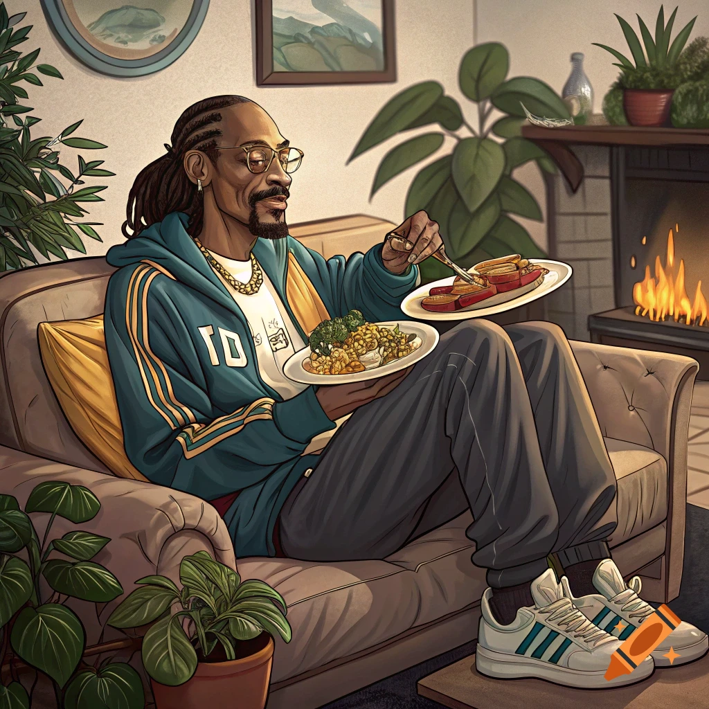 Stylized illustration of Snoop Dogg sitting on a couch, holding two plates of food, in a cozy living room with a fireplace and plants.