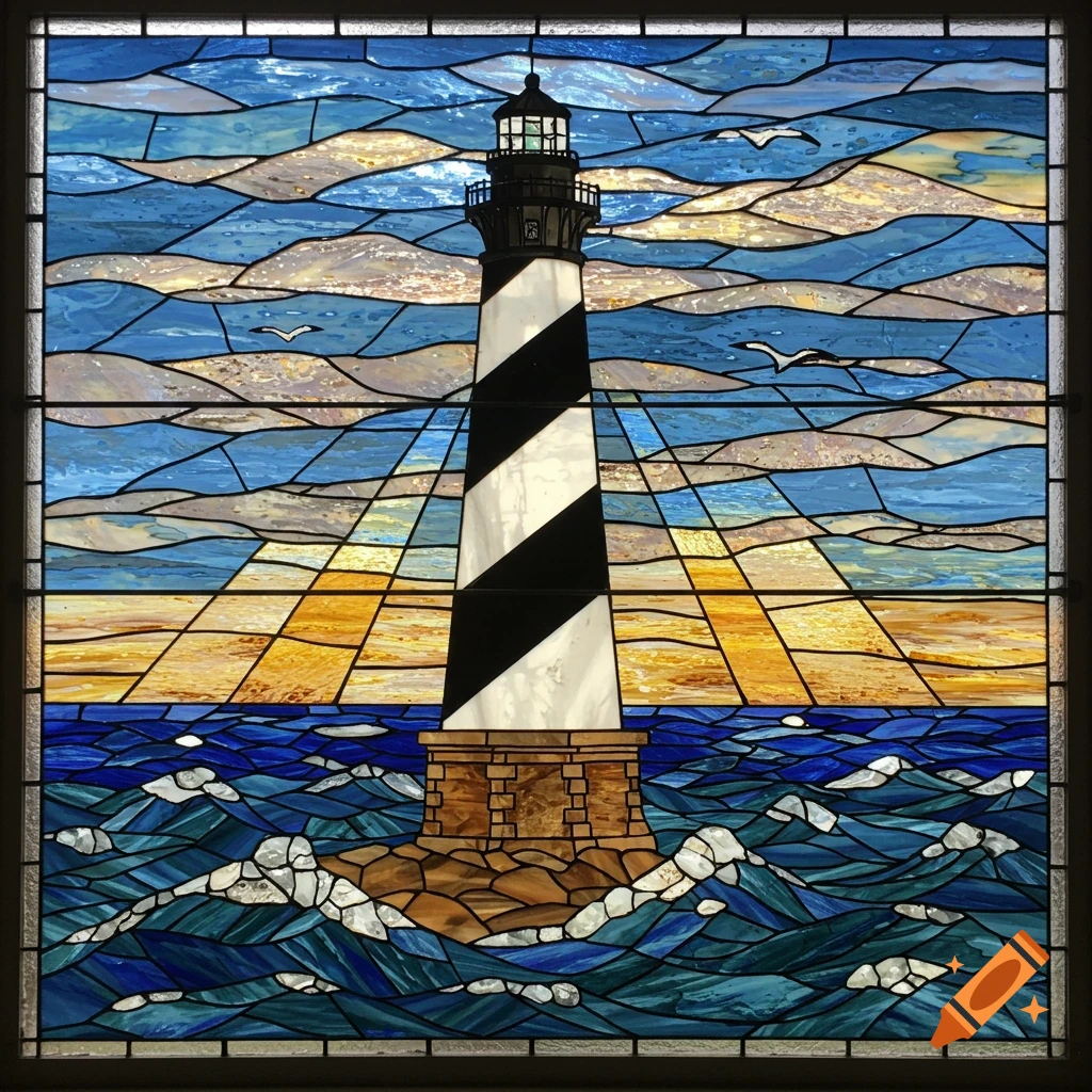 A stained glass artwork of the Hatteras Lighthouse with black and white stripes, surrounded by blue waves and a cloudy sky.