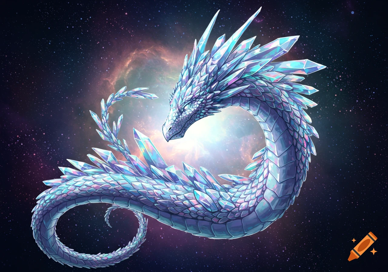 A vibrant illustration of a majestic crystal dragon floating in space with a colorful nebula.