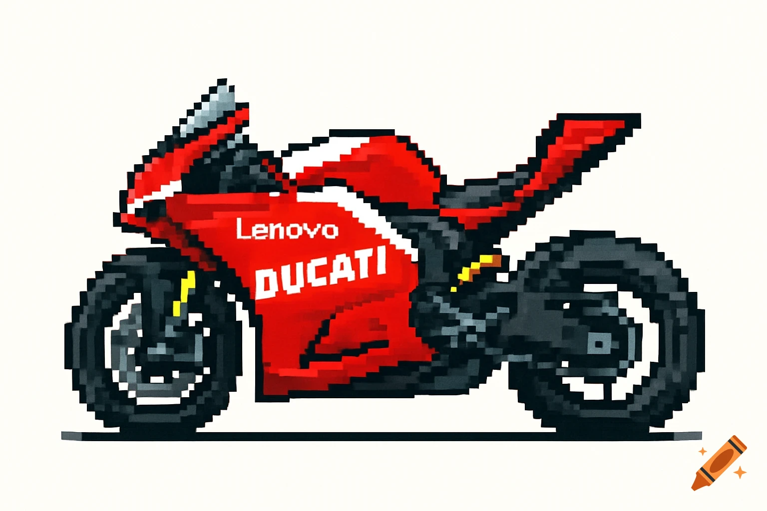 A red and black pixel art Ducati motorcycle with Lenovo branding, viewed from the side profile against a white background.