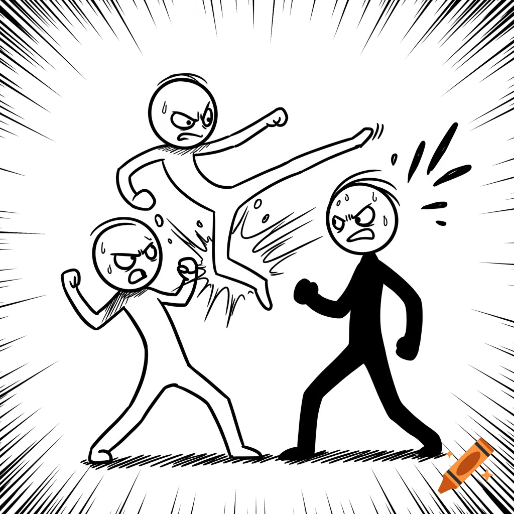 Three stick figures in a dynamic, black and white comic-style martial arts fight, with one mid-air kick.