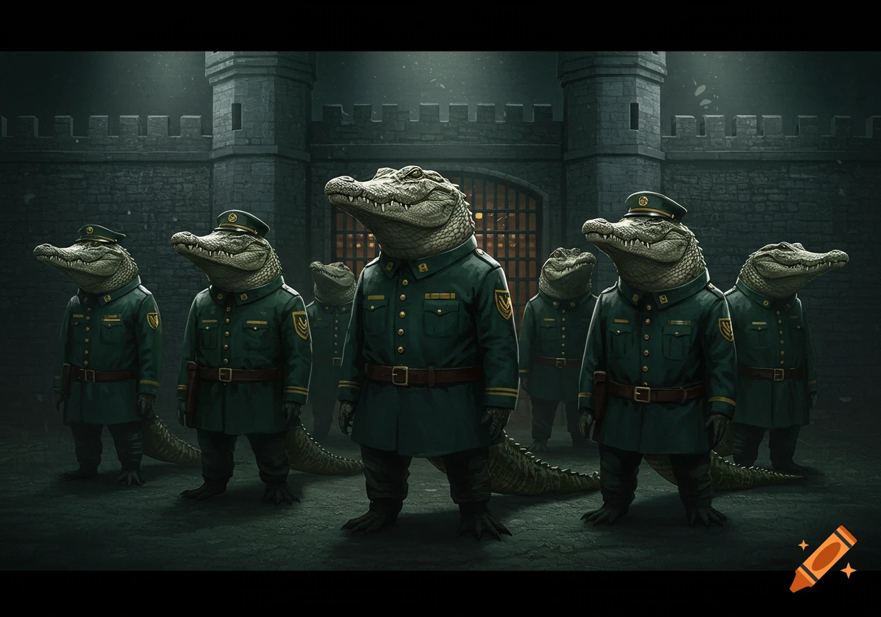 Photorealistic image of several anthropomorphic alligators in dark green uniforms and hats, standing guard in front of a stone prison gate.