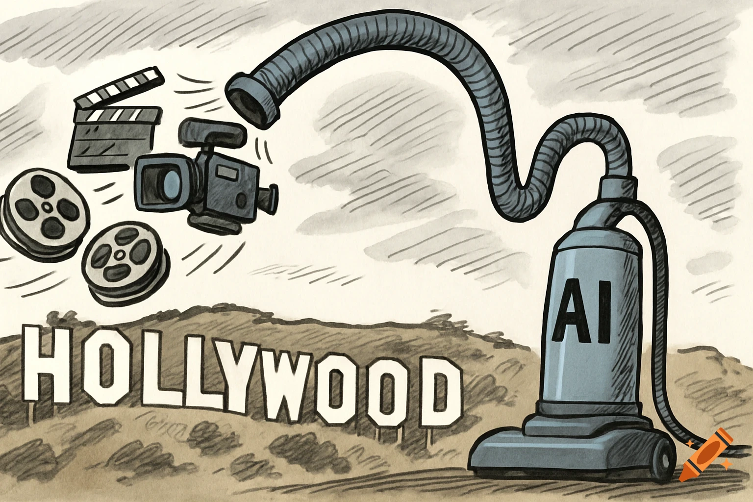 A political cartoon of a vacuum cleaner labeled "AI" sucking up film equipment from the Hollywood sign in a sketch style.