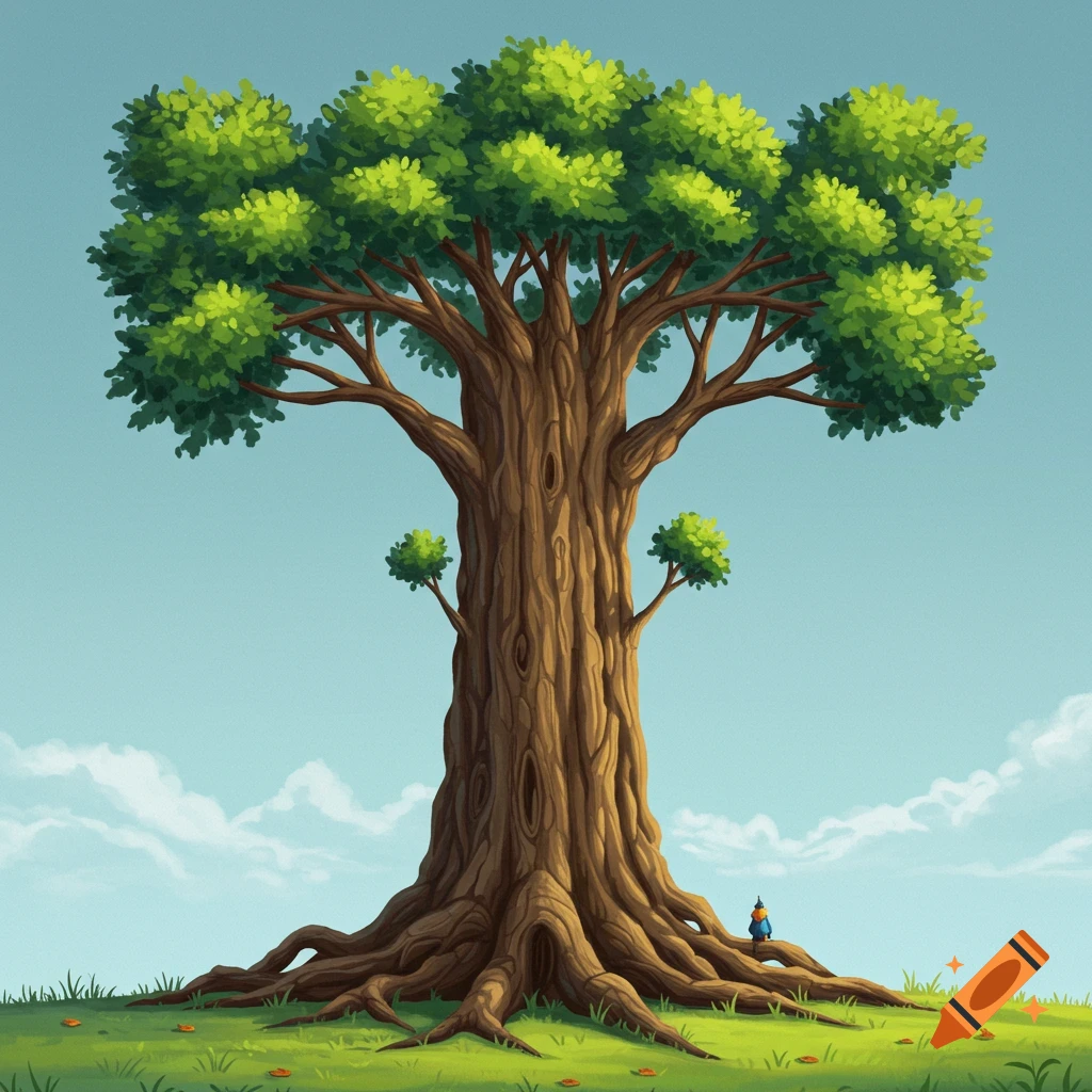 A stylized, cartoonish giant tree with a thick trunk and exposed roots stands on a grassy hill under a bright blue sky with sparse clouds. A tiny bird-like creature sits on one of the roots.