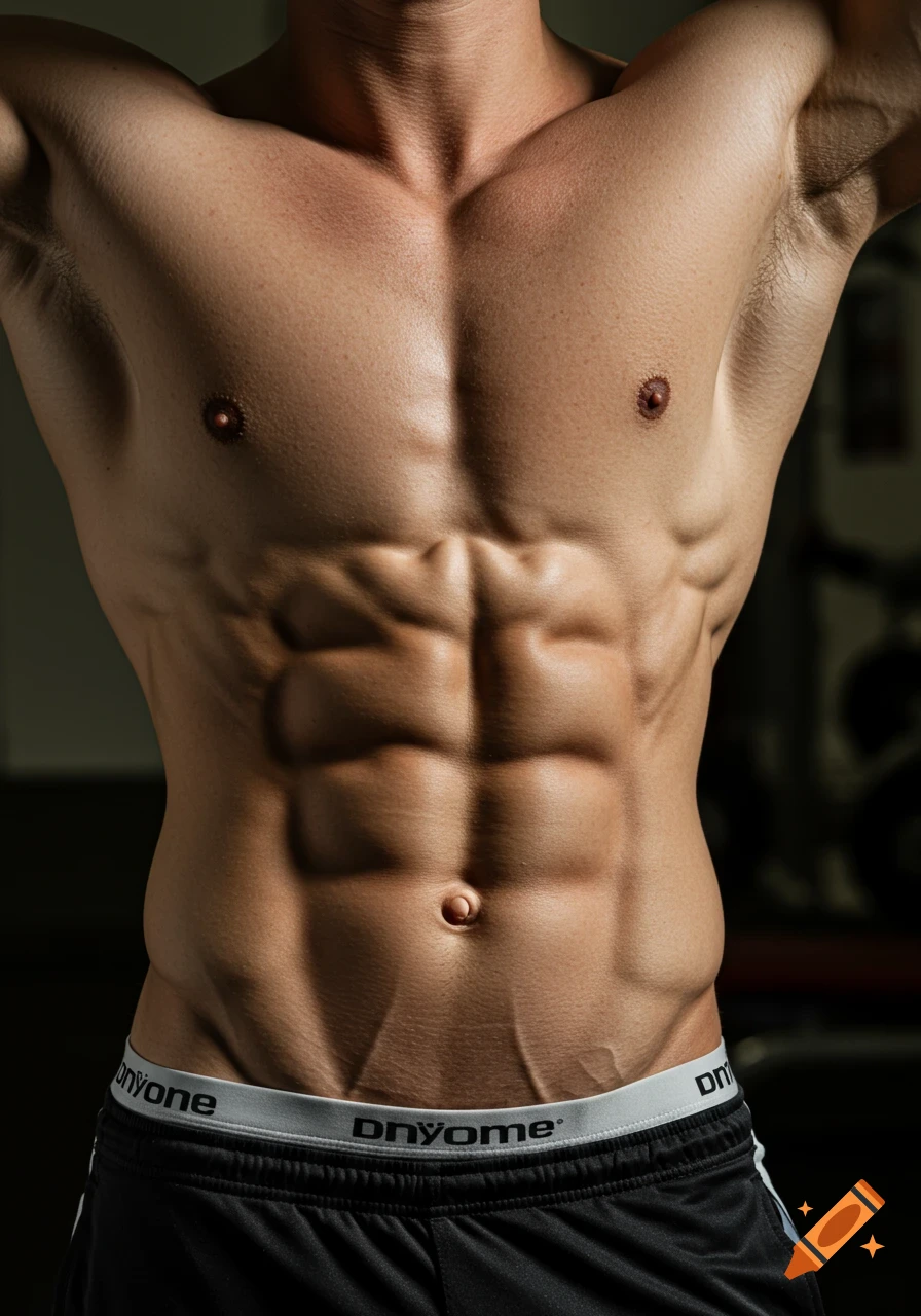 Photorealistic close-up of a muscular male torso with defined six-pack abs and visible veins, wearing black athletic shorts with a white waistband.