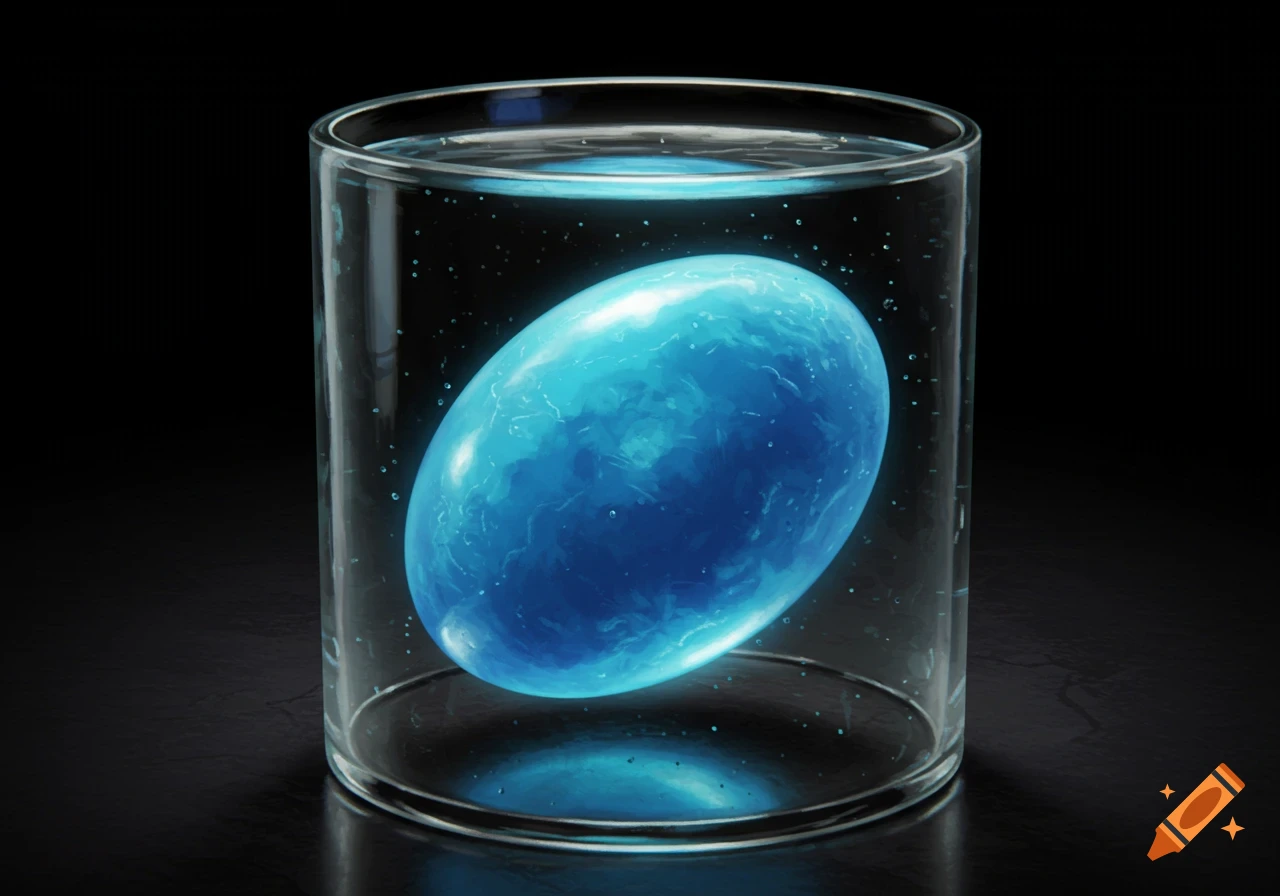 A glowing blue ellipsoid floats in a glass tank filled with water against a dark background.