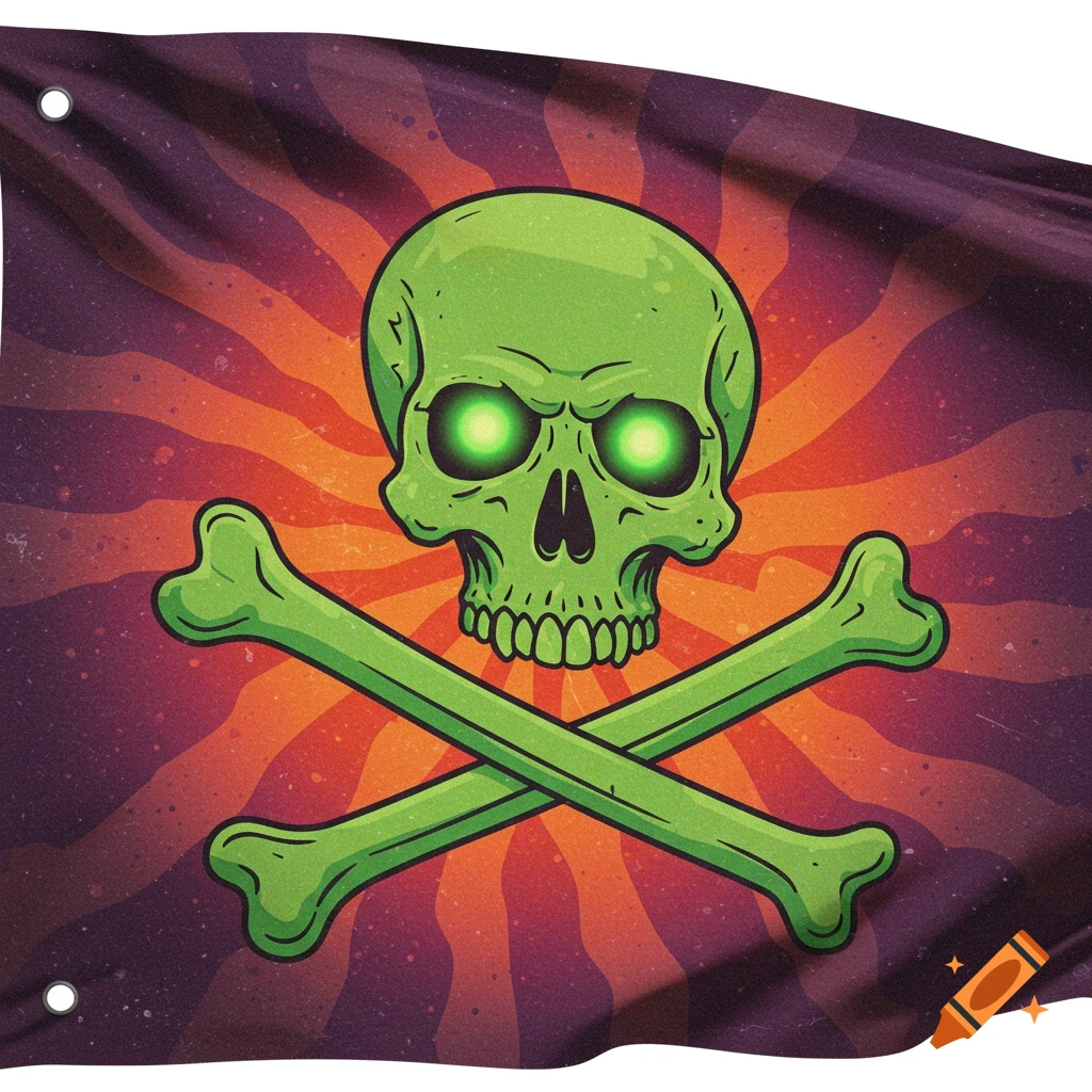 A stylized green skull with glowing eyes and crossed bones on a flag with an orange and purple sunburst background.