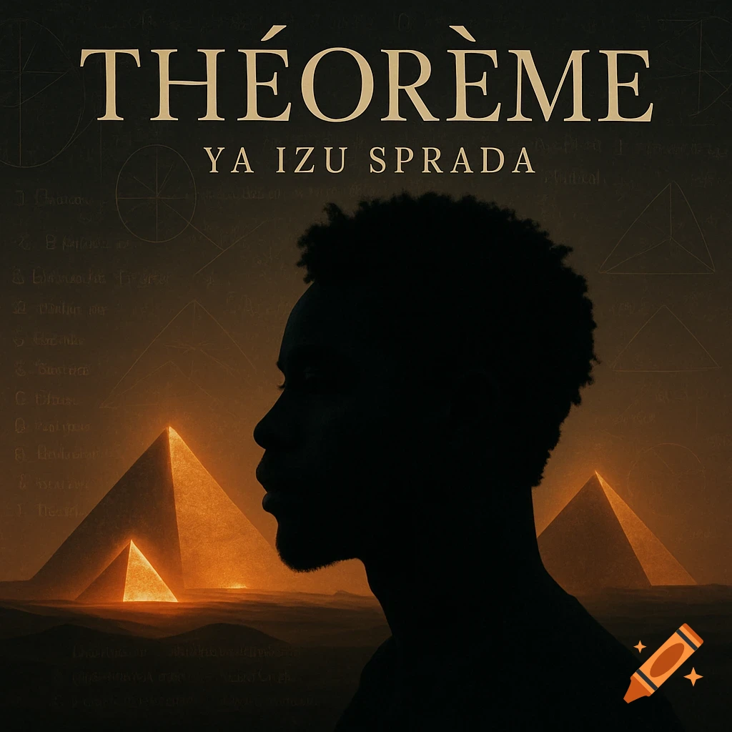 An album cover features a man's silhouetted profile against a dark, surreal desert landscape with glowing pyramids and subtle mathematical formulas in the sky. The title 'THÉORÈME' and artist 'YA IZU SPRADA' are at the top.
