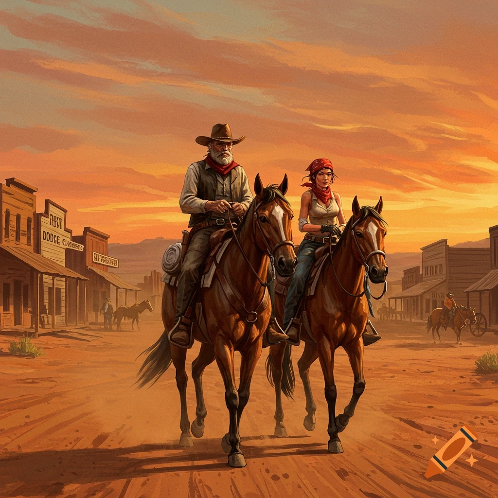 Two cowboys on horseback ride down a dusty street of an Old West town at sunset.