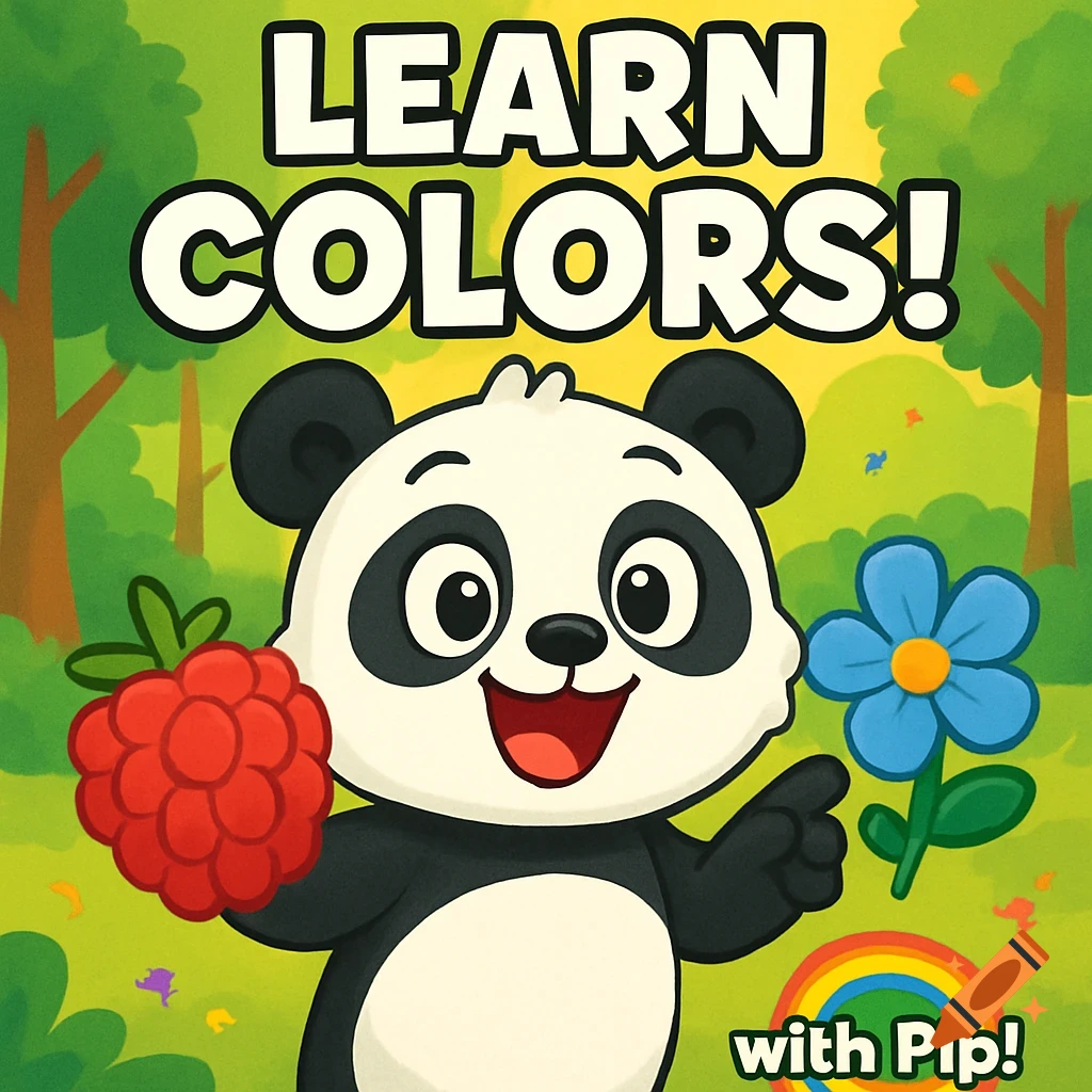 A cheerful cartoon panda holds a red berry and points to a blue flower, with text "LEARN COLORS!" and "with Pip!" above a rainbow.