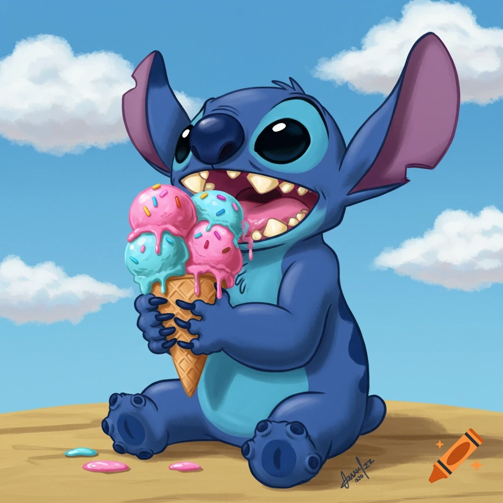 Cartoon illustration of Stitch sitting and happily eating a large multi-scoop ice cream cone.