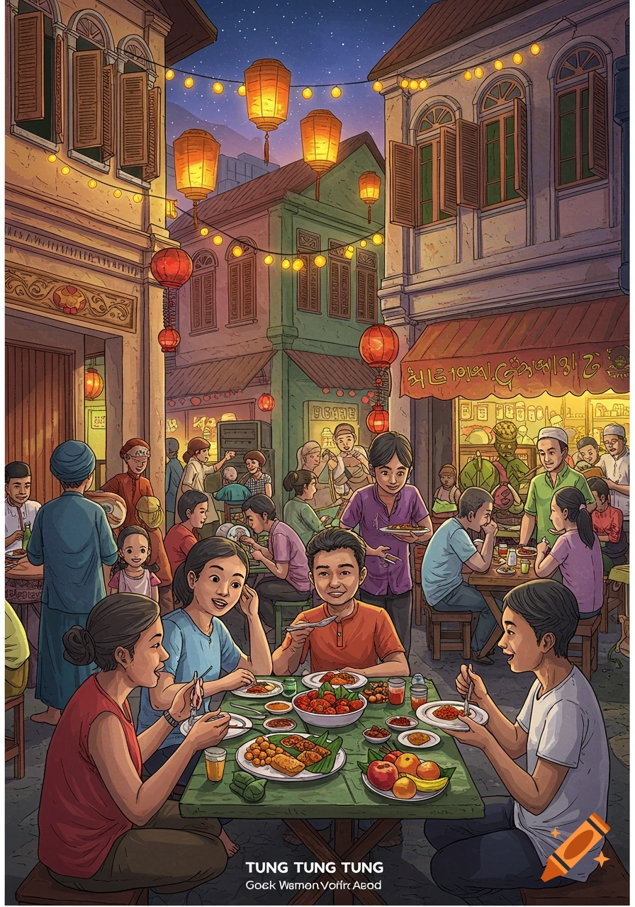 An illustrated street scene at night with many people eating at outdoor tables under hanging lanterns.
