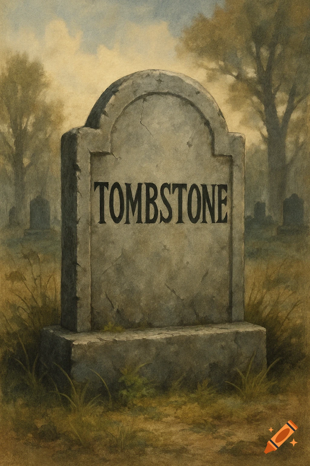 A stone tombstone with the word "TOMBSTONE" carved into it, standing in a grassy graveyard with trees and other faint tombstones in the background, in a painterly style.