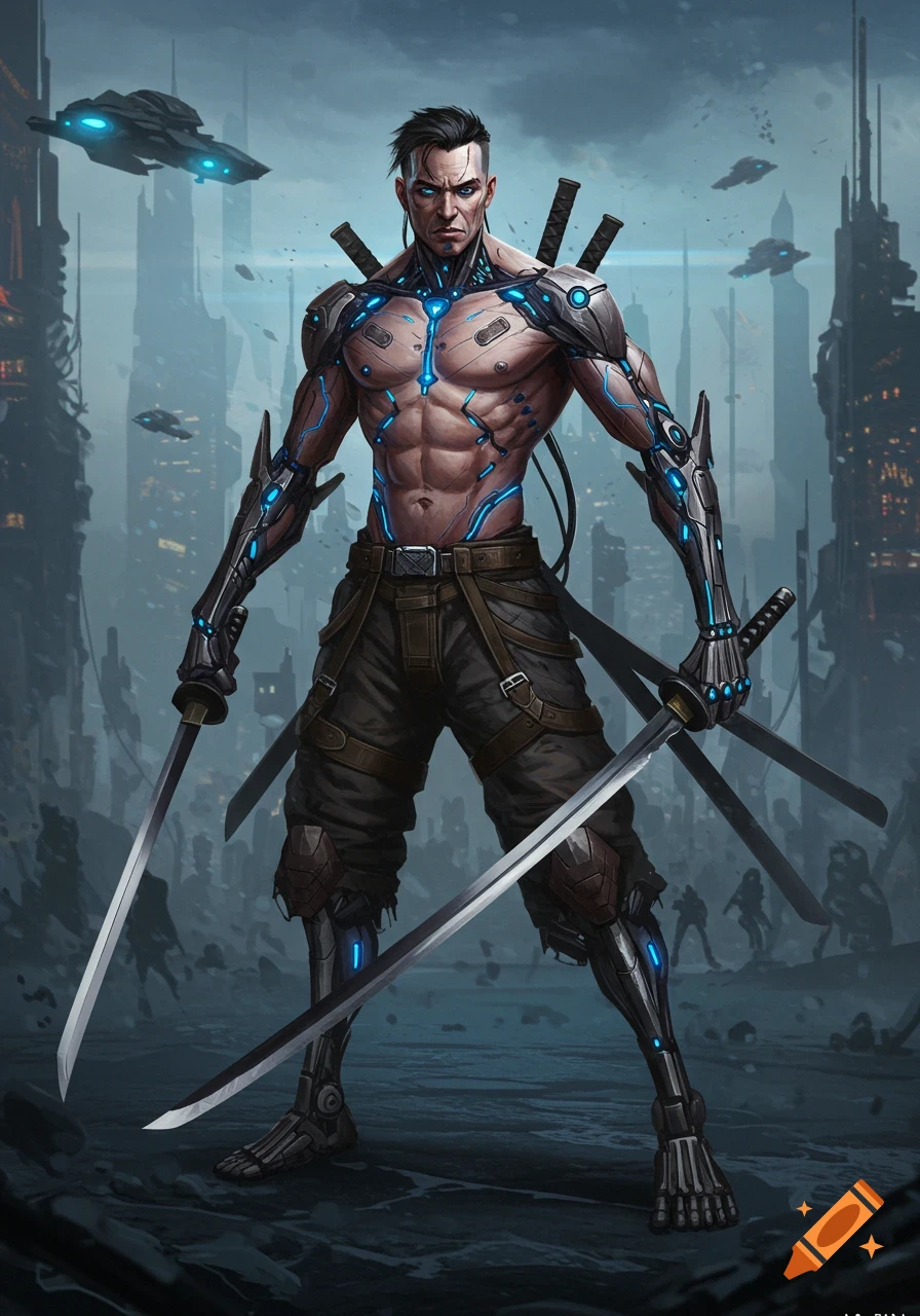 A muscular cyborg with glowing blue tech and multiple katanas stands in a dystopian city under a cloudy sky.