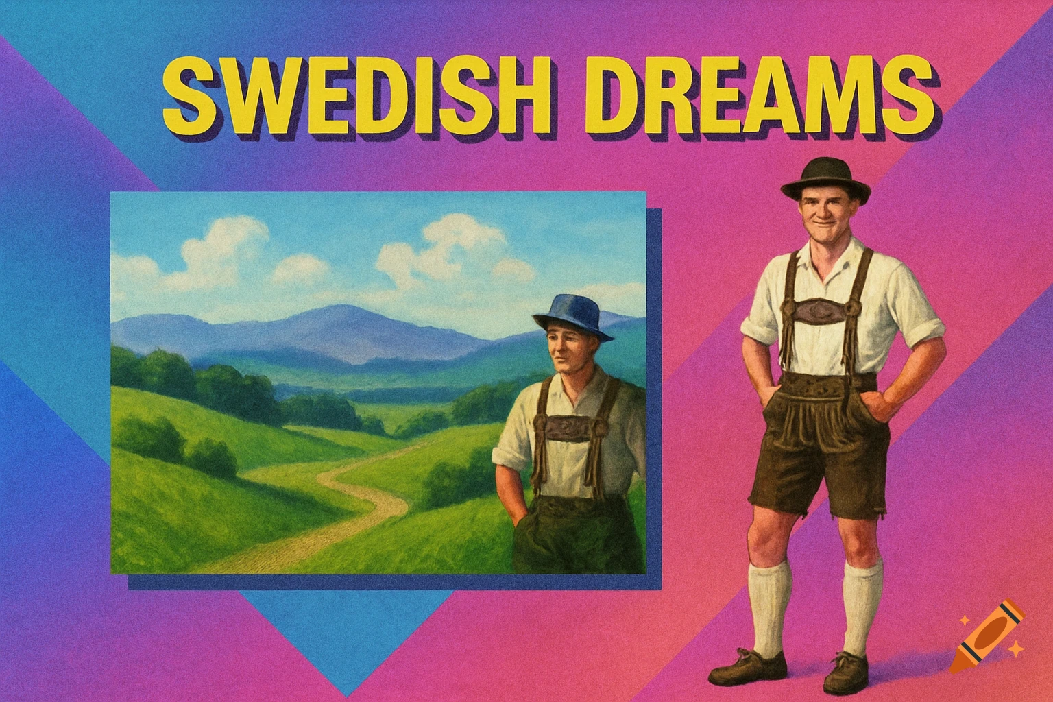 Retro 90s-style image with 'SWEDISH DREAMS' text, featuring a man in lederhosen and a landscape painting with a man.