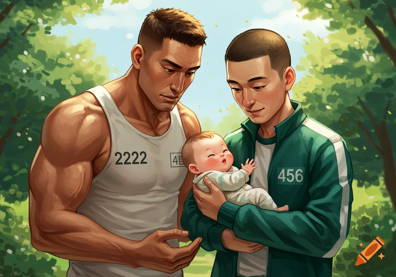 Two men, one in a white tank top with '2222' and '4B', the other in a green track jacket with '456', looking at a baby in a bright, illustrative style.