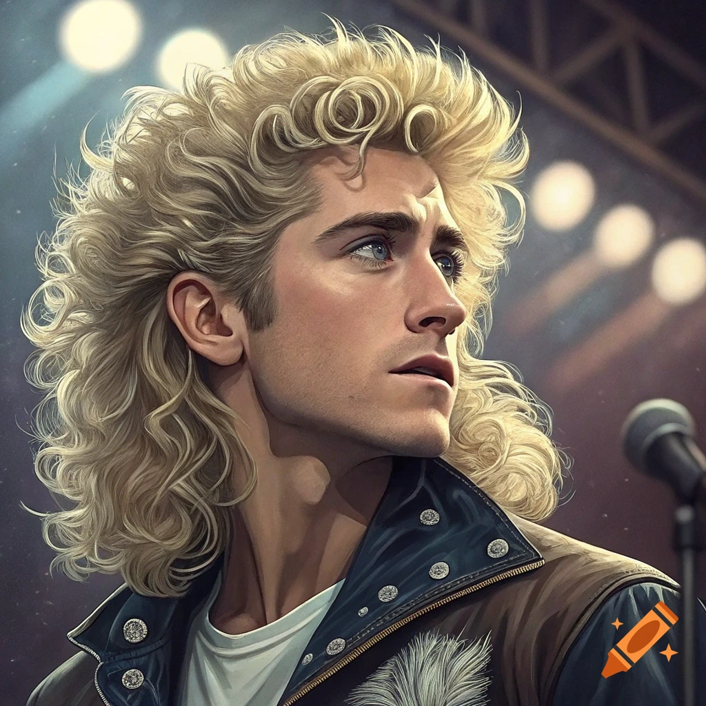 Close-up portrait of a male rock star with curly blonde hair and a leather jacket on stage.