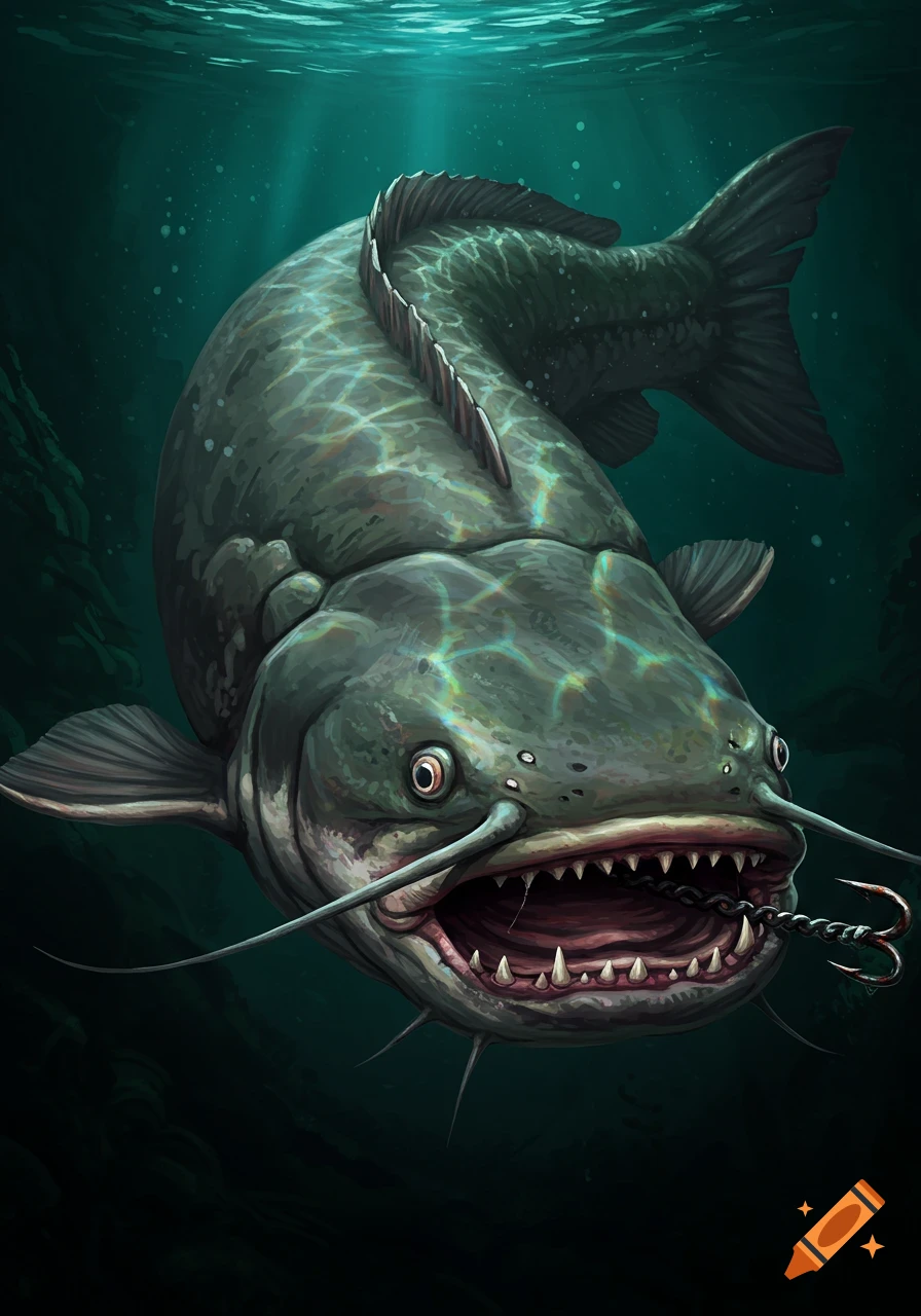 A detailed illustration of a giant, menacing catfish with sharp teeth and a hook in its mouth, swimming in dark water.