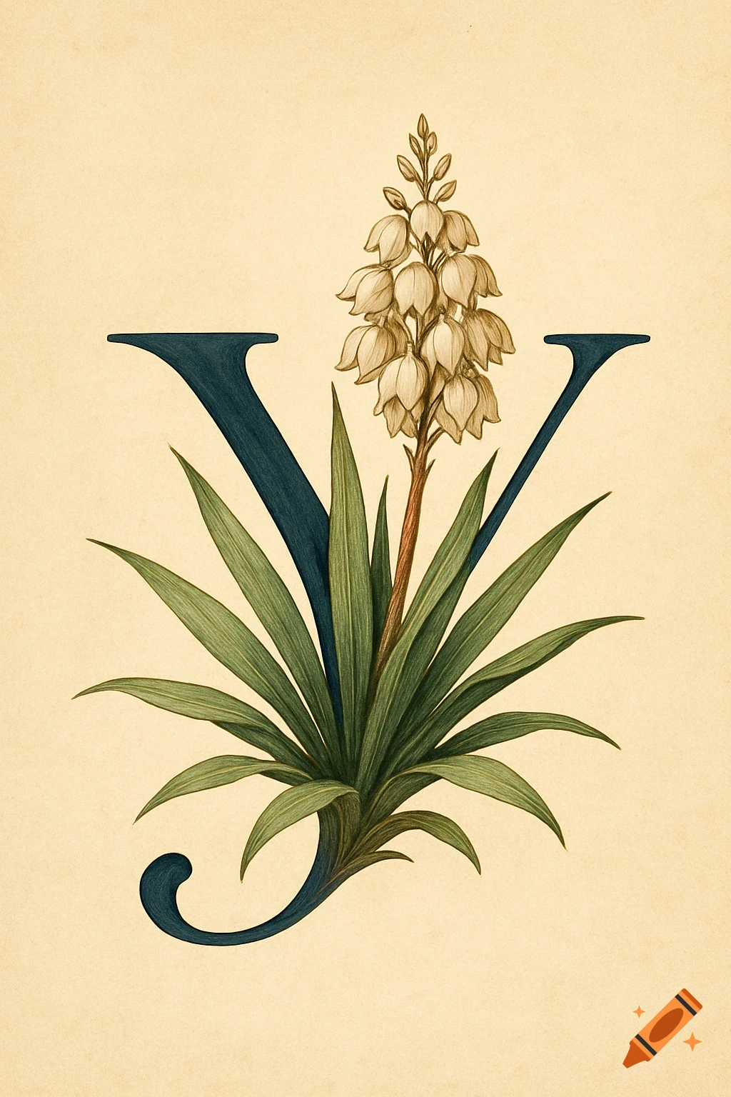 Elegant dark blue letter Y logo intertwined with a green Yucca plant and beige flowers, on a light background.