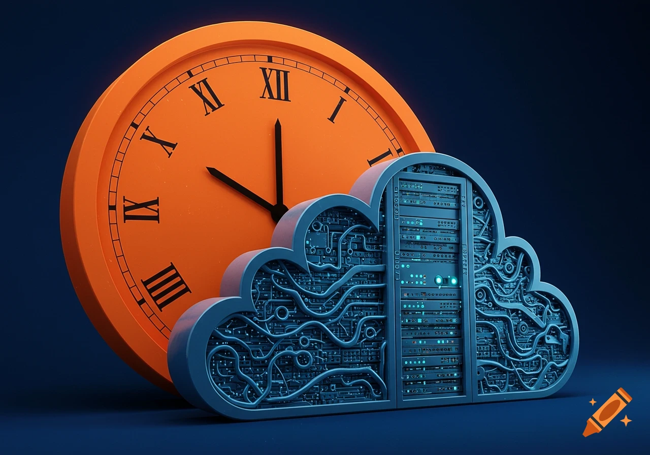 A stylized orange clock with Roman numerals stands next to a blue, cloud-shaped server rack filled with glowing computer equipment, against a dark blue background.