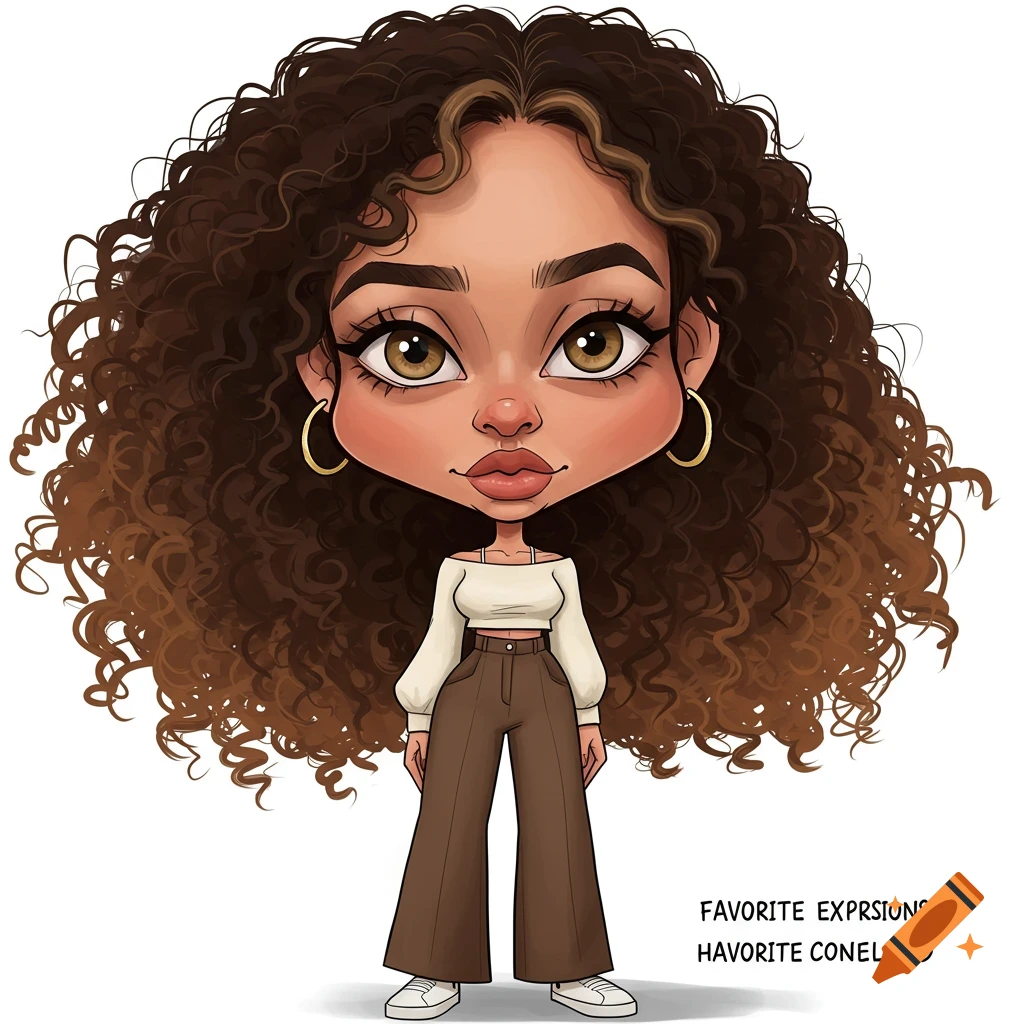 A stylized cartoon caricature of a woman with large, curly brown hair, big hazel eyes, and a small body wearing a white cropped top and brown wide-legged trousers.