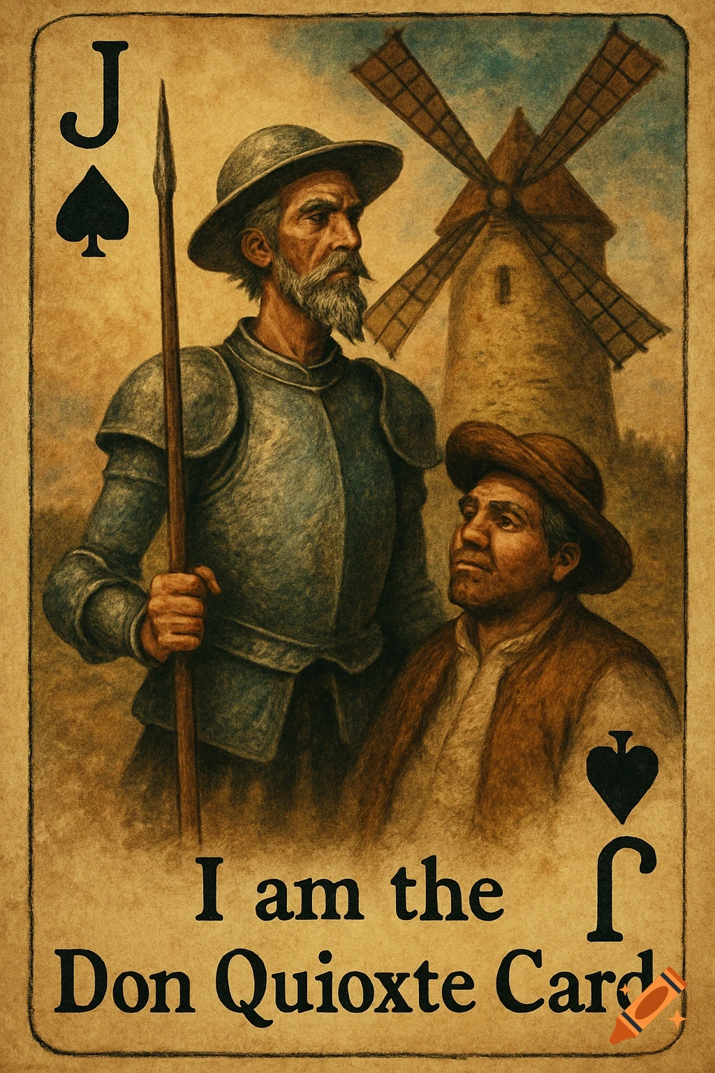 An aged Jack of Spades playing card featuring Don Quixote in armor with a spear, standing beside Sancho Panza, with a windmill in the background. Text reads "I am the Don Quioxte Card."