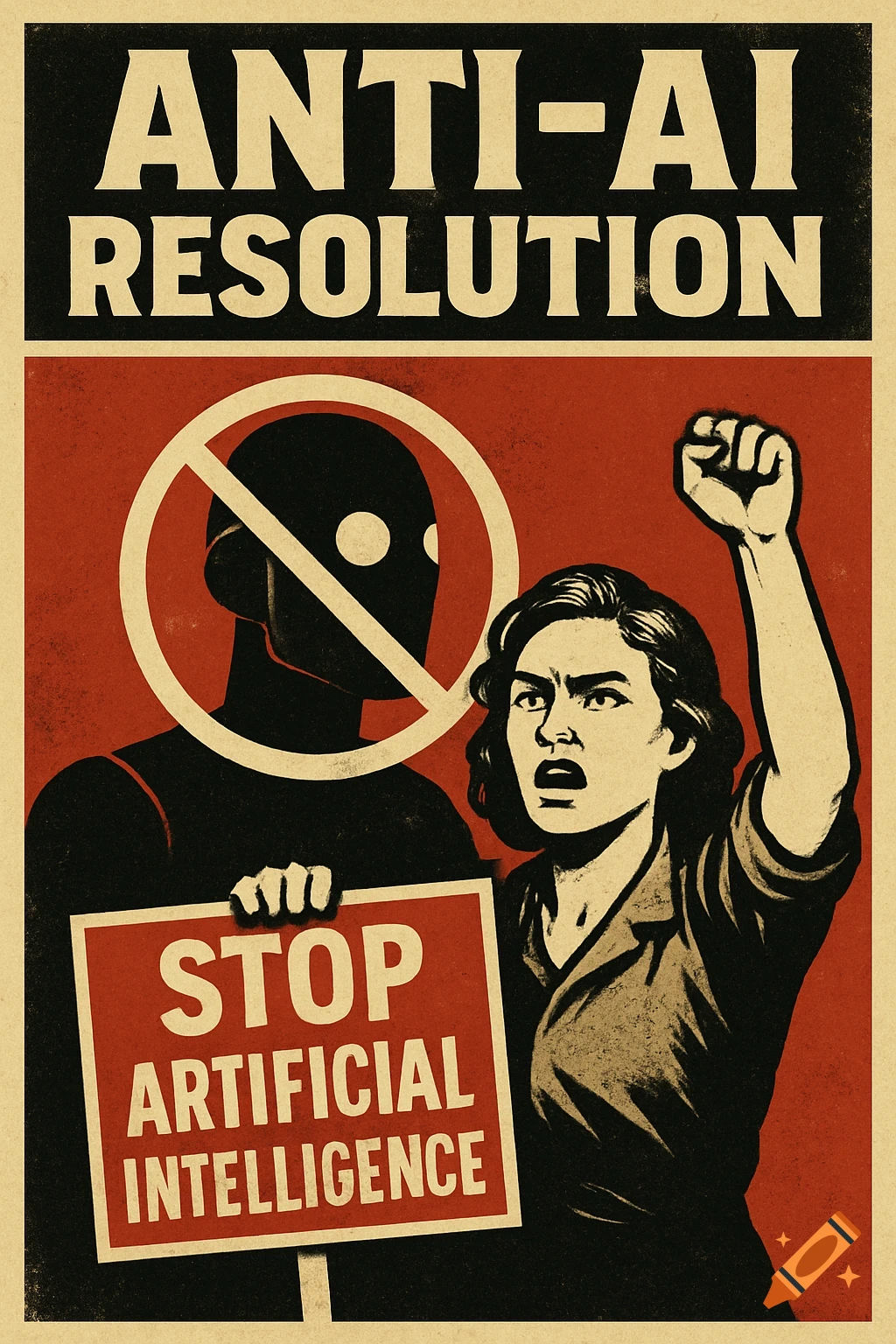 A vintage-style anti-AI protest poster featuring a woman with a raised fist and a robot head with a red no symbol.
