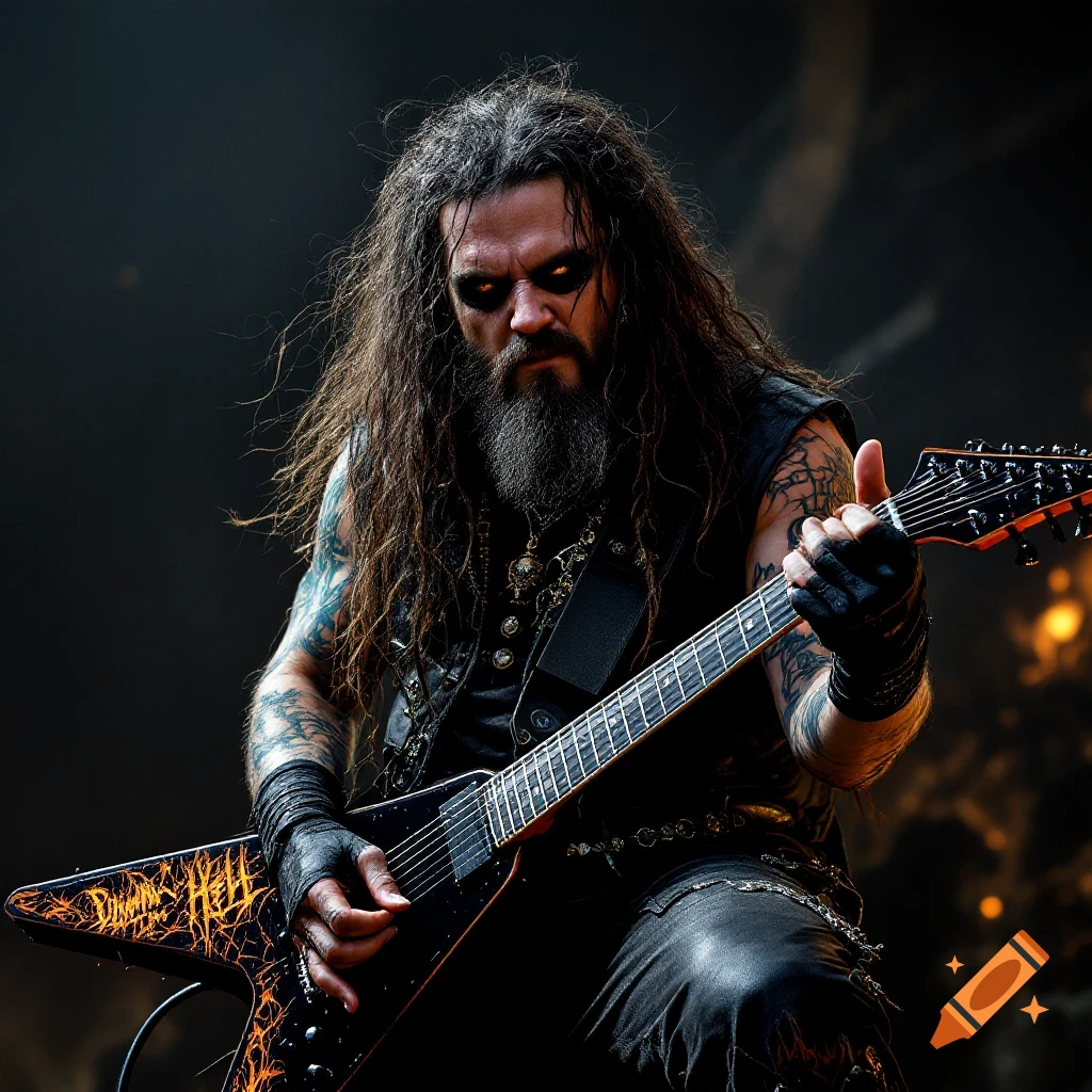 A male heavy metal guitarist with a beard, long dark hair, and glowing eyes plays a V-shaped electric guitar with orange flame designs on a dark stage.