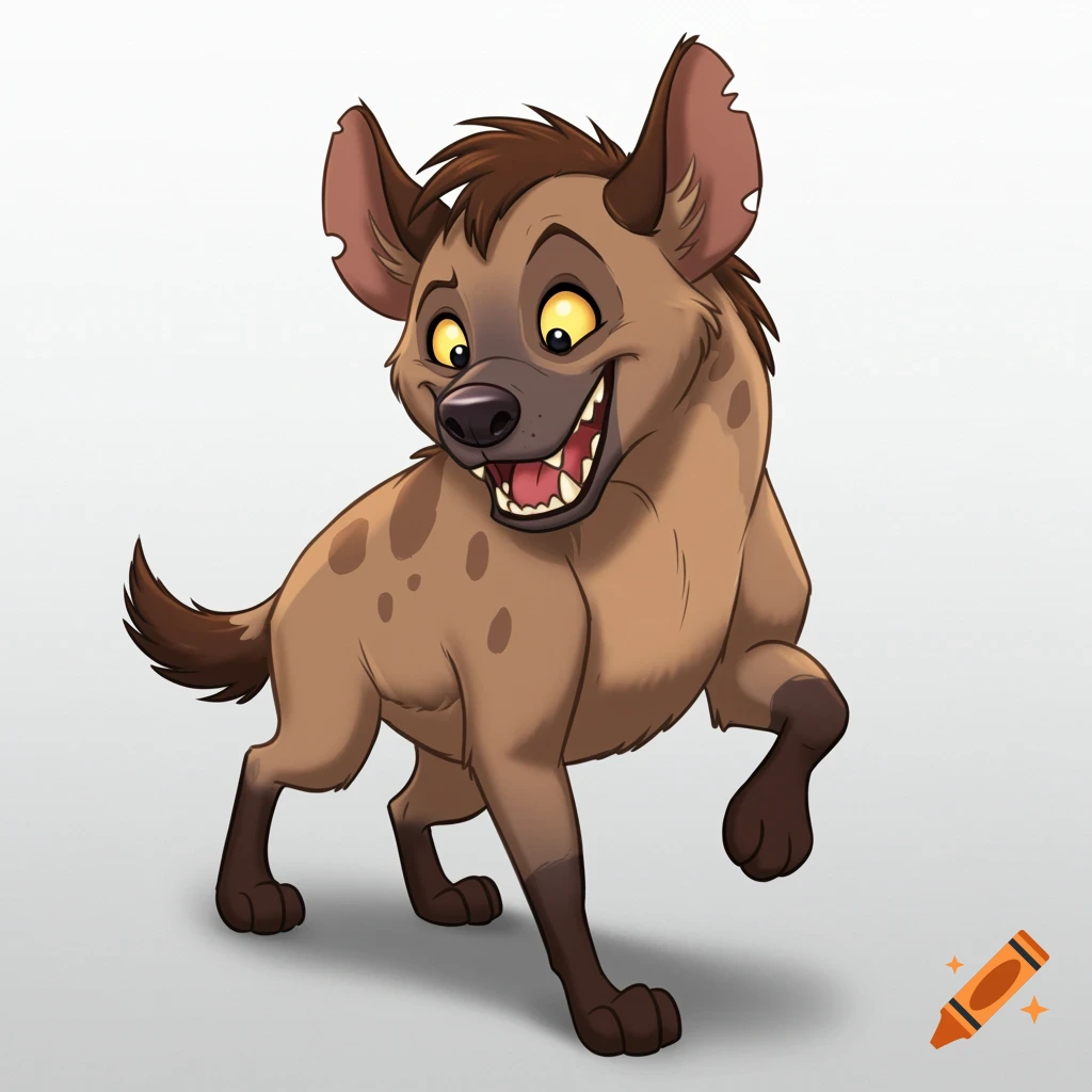 A cartoon hyena with a wide grin walks against a white gradient background in Disney animation style.