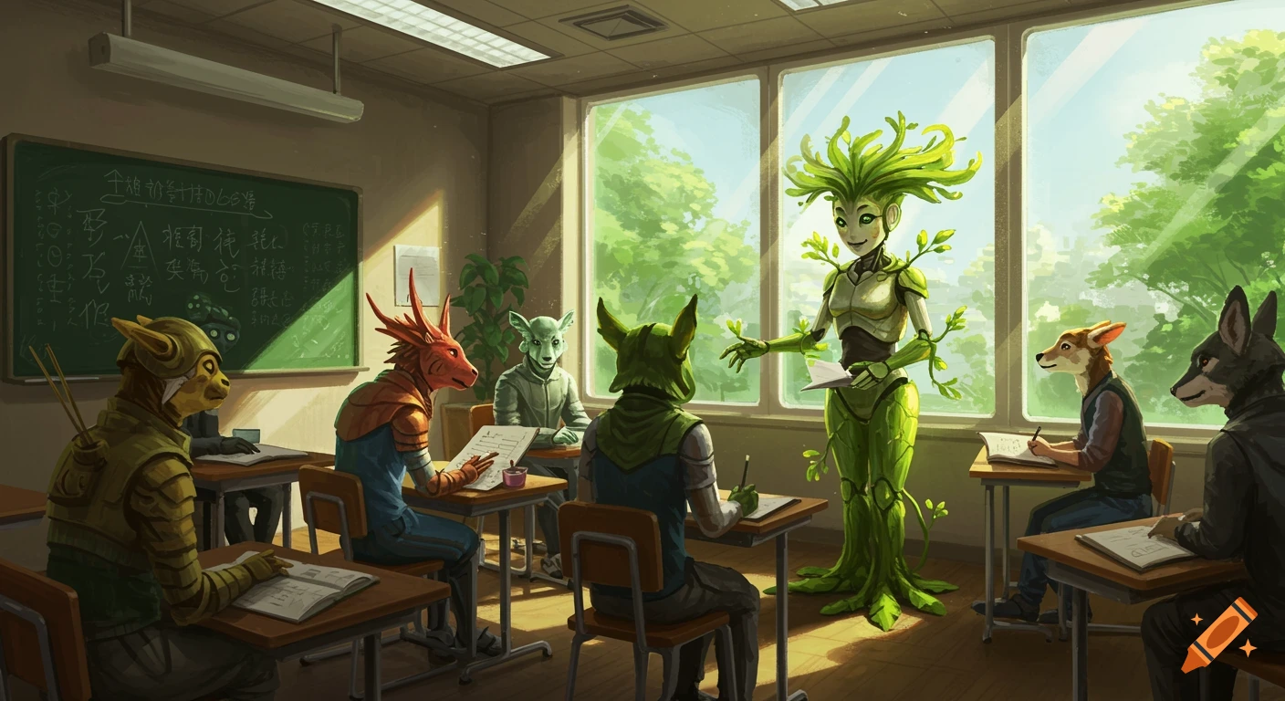 A detailed illustration of a plant-robot teacher instructing anthropomorphic animal students in a sunlit futuristic classroom.