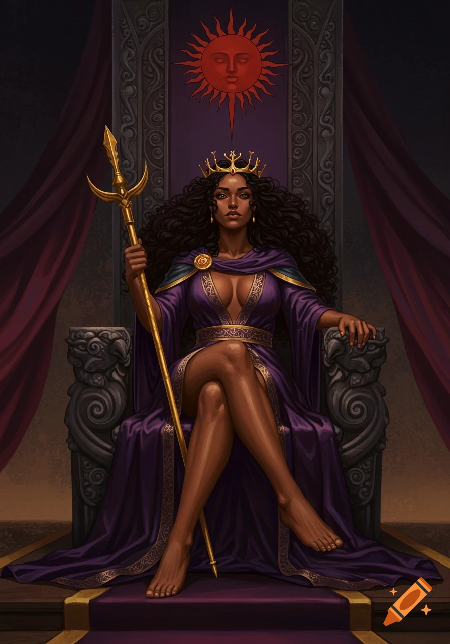 A dark-skinned queen in a purple gown and gold crown sits on an ornate throne, holding a golden staff, with a red sun symbol above.