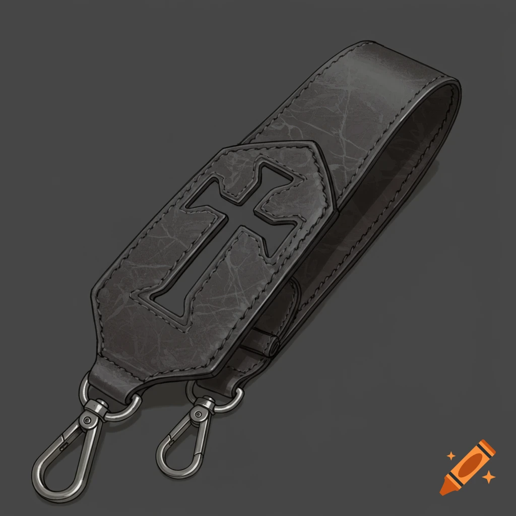 A black leather bag strap with a cross cut-out design and two brushed metal clasps on a dark background.