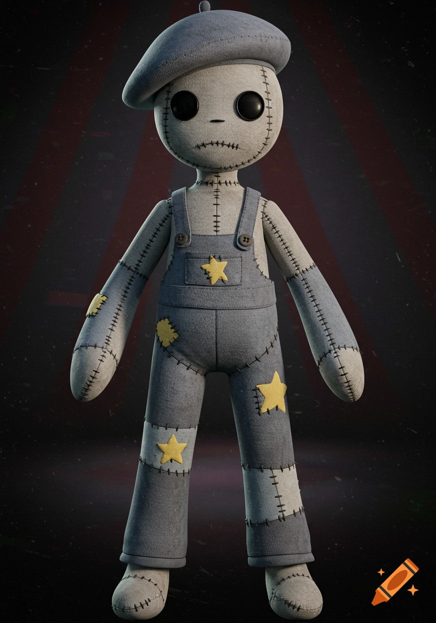 A fabric doll with black button eyes, blue patched overalls with yellow stars, and a grey beret, against a dark, striped background.