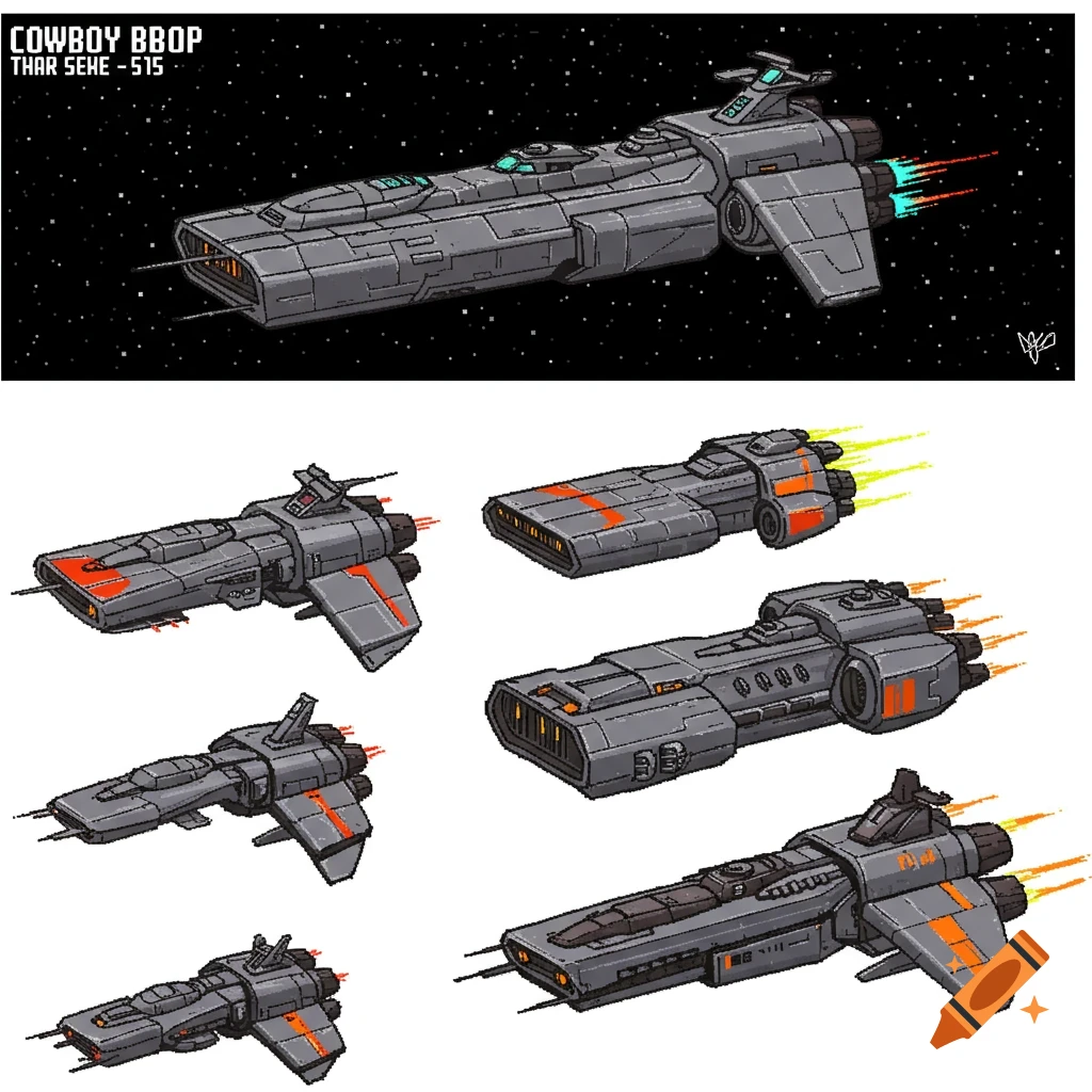 Pixel art illustration of multiple gray and orange spaceships, one floating in space with stars, and five others on a white background.