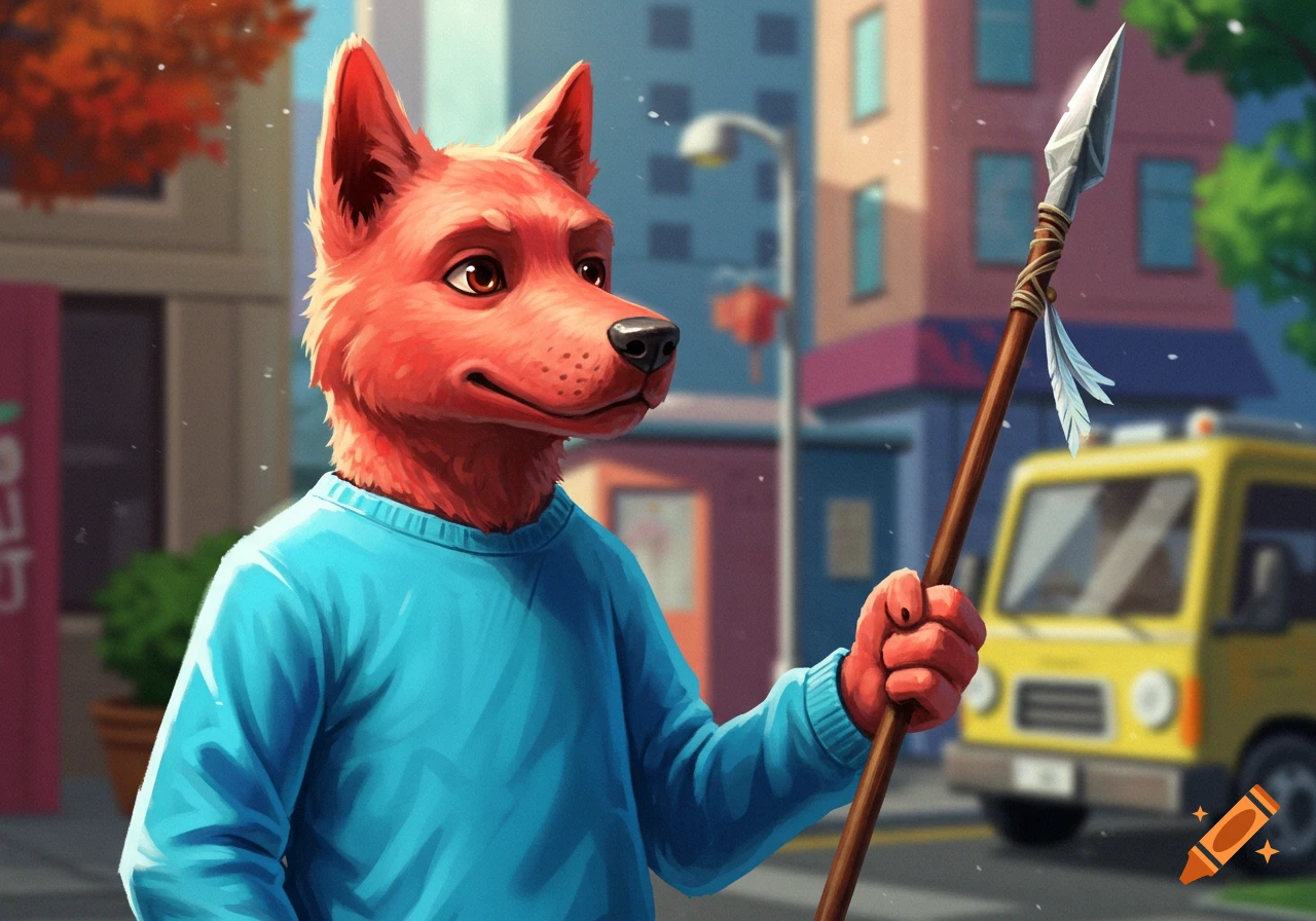 A red anthropomorphic dog in a blue sweatshirt holds a spear in a city street, digital illustration.