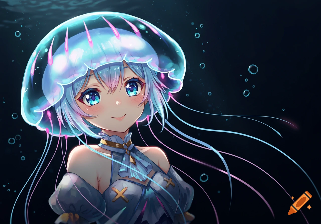 An anime girl with blue hair and glowing jellyfish cap smiles underwater, surrounded by bubbles, in a vibrant digital art style.