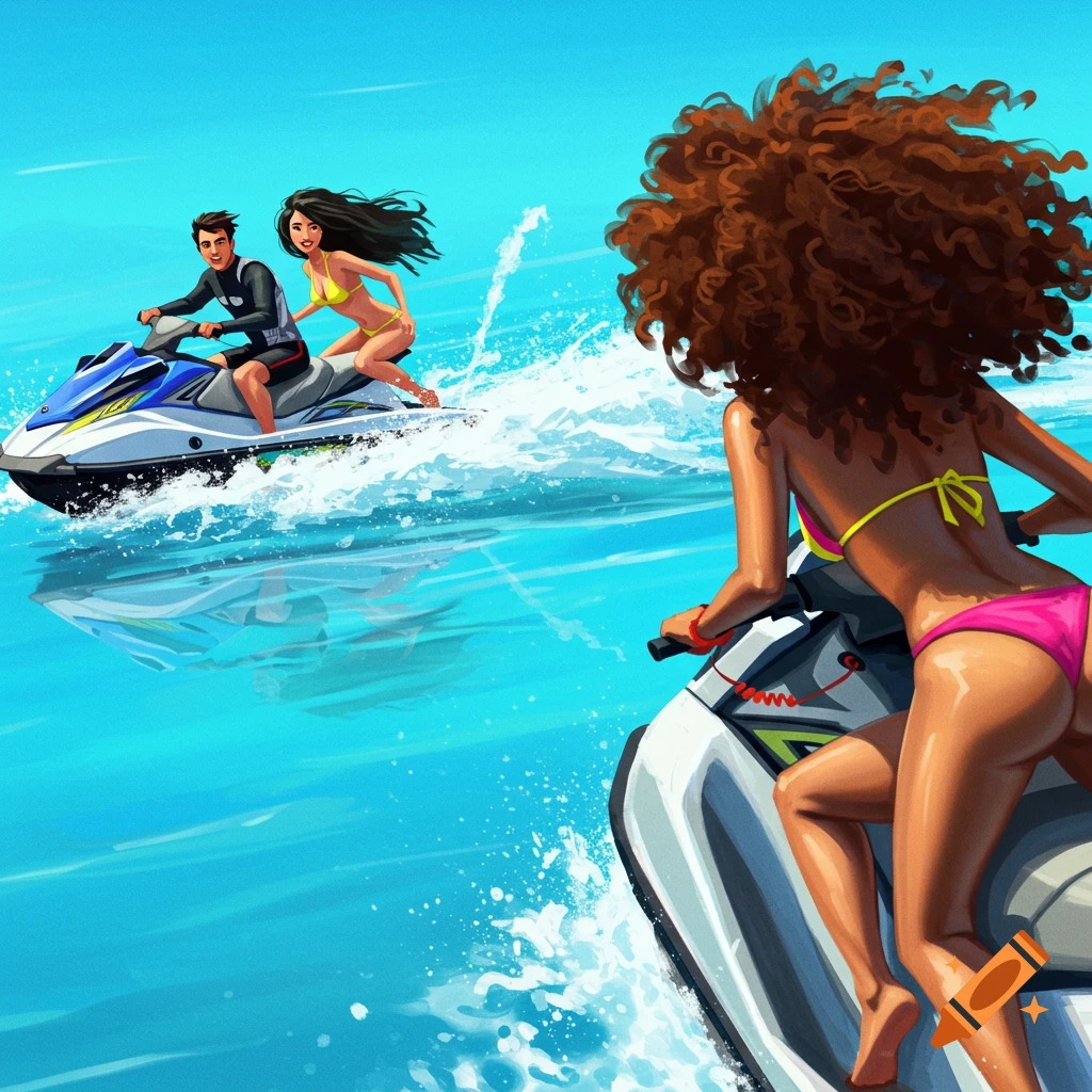An illustration of people riding jet skis on a bright blue ocean, with one woman in the foreground.