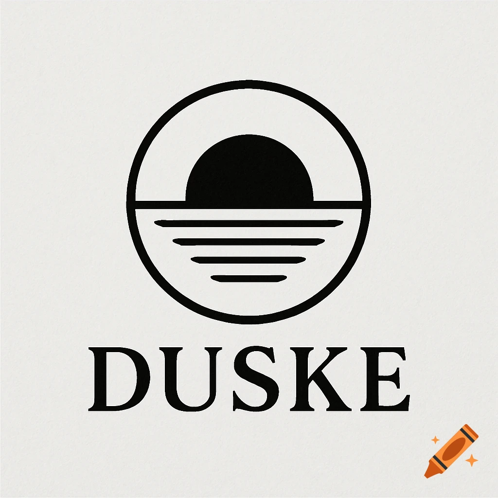 A black and white minimalist logo of a sunset over water with the word DUSKE below.