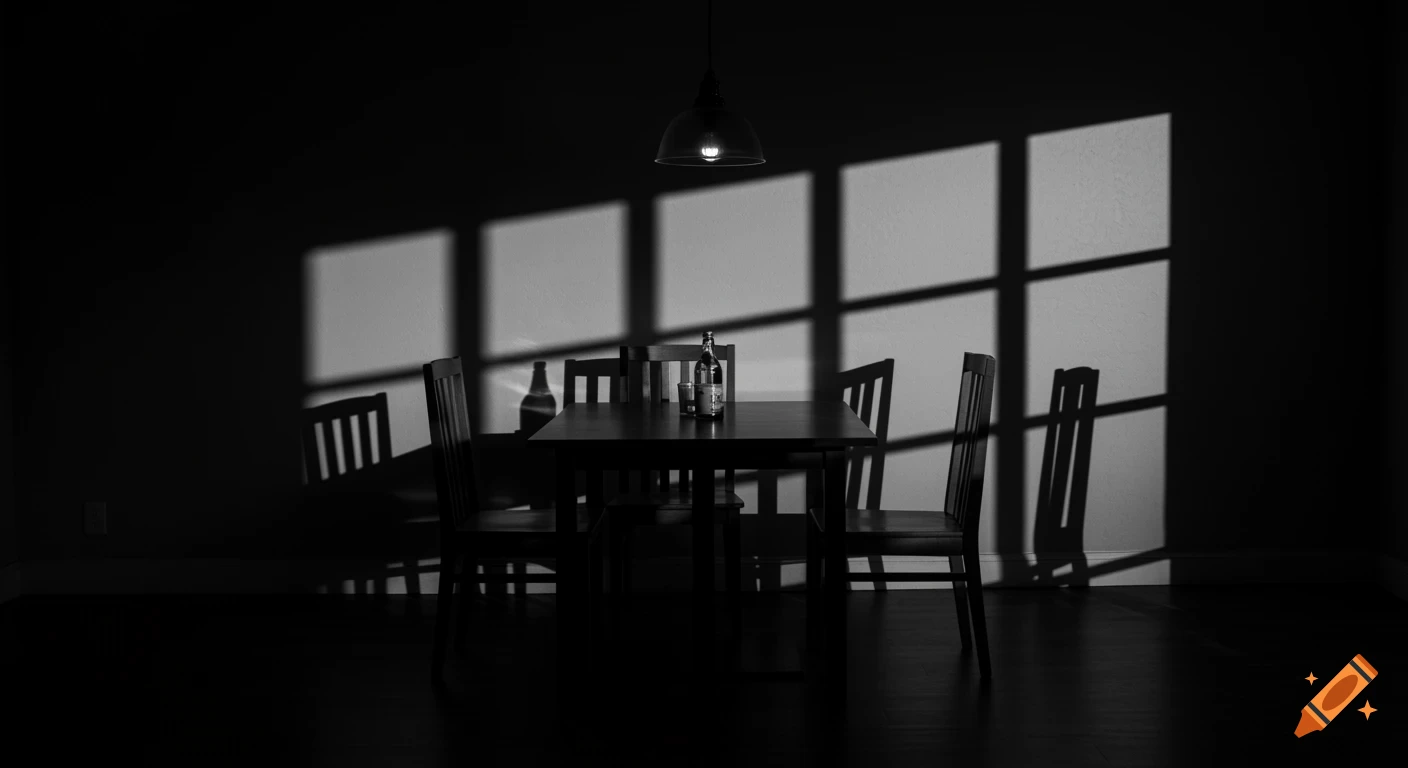 A black and white cinematic noir photograph of a dining table and chairs with dramatic chiaroscuro lighting, casting strong shadows of window panes on the wall. A bottle and glass are on the table.