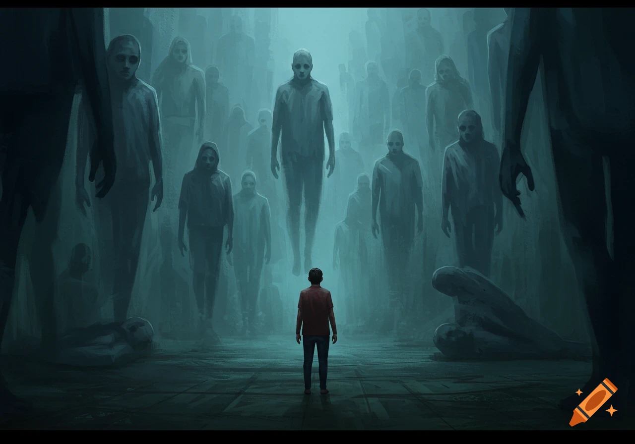 A lone person stands with their back to the viewer, facing a multitude of eerie, translucent figures in a dark, misty, blue-toned digital painting.