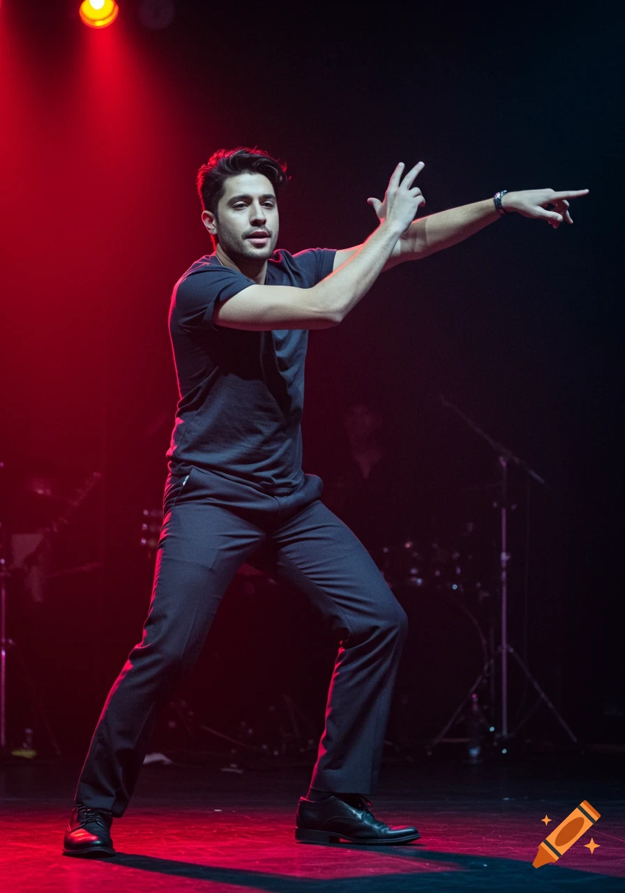 A man in dark clothes striking a dance pose on a stage lit with red lights.