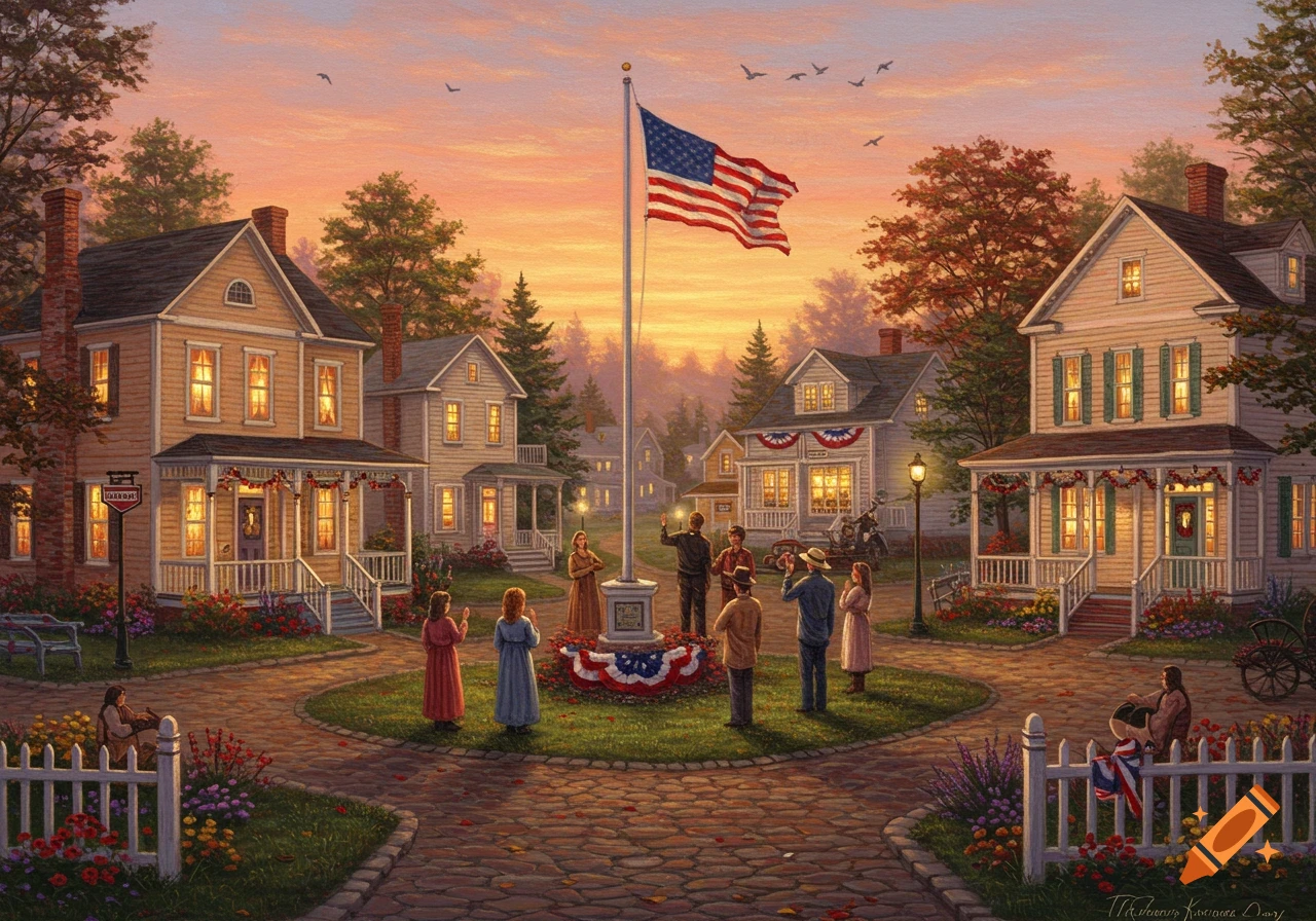 Thomas Kinkade style painting of a village square at sunrise with people and houses adorned with patriotic decorations around an American flag.
