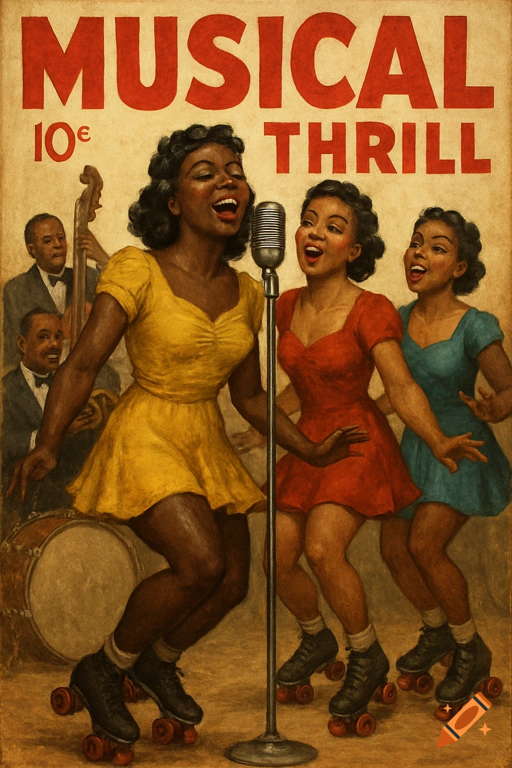 A vintage pulp magazine cover features three Black women in dresses and roller skates singing into a microphone, with male jazz musicians in the background.