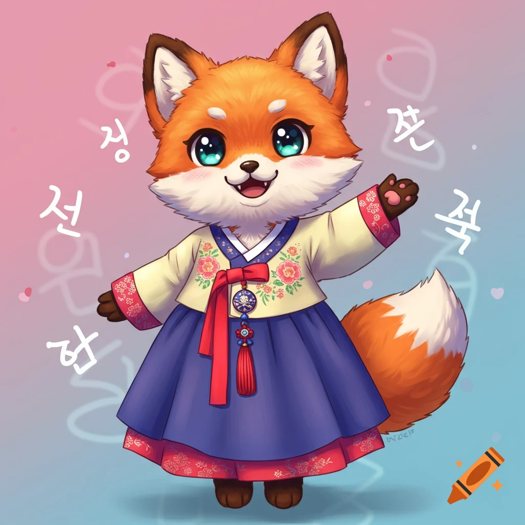 A cute cartoon fox in an anime style wears a traditional Korean hanbok, surrounded by scattered Korean characters.