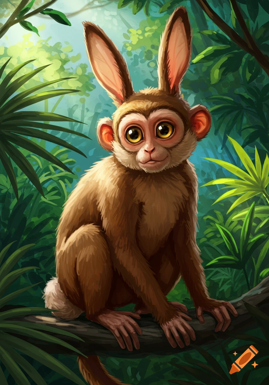 A cute, brown monkey-like creature with long rabbit ears and big eyes sits on a tree branch in a vibrant green jungle, in a cartoon style.