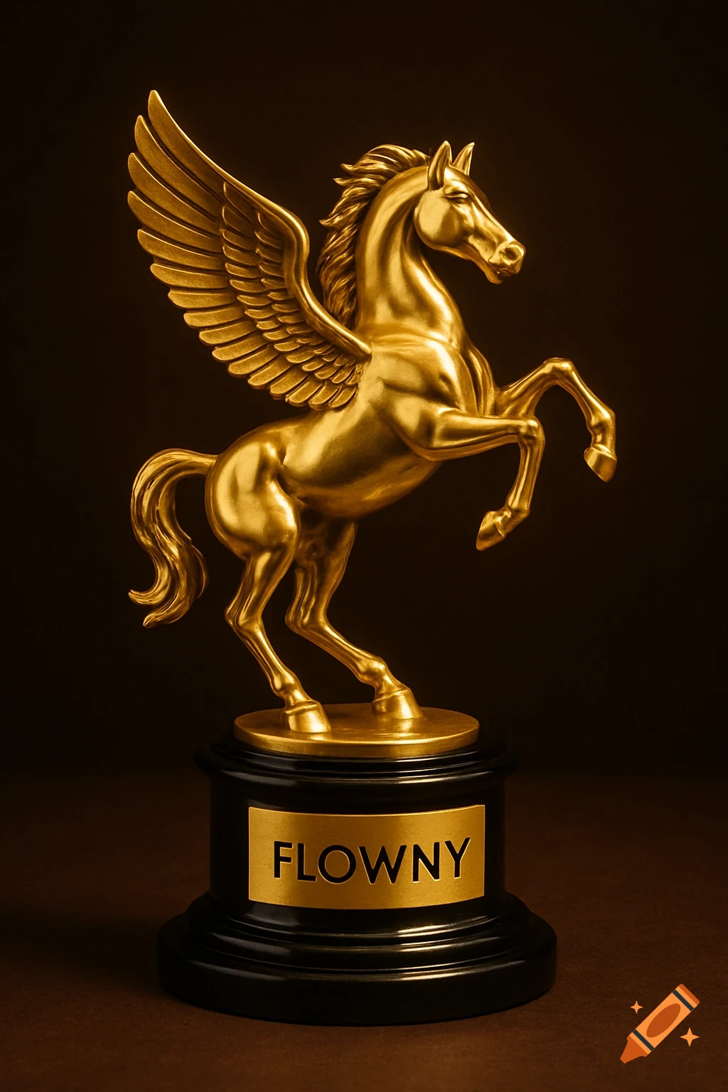 A golden Pegasus statue on a black base with the word 'FLOWNY' inscribed, set against a dark background.