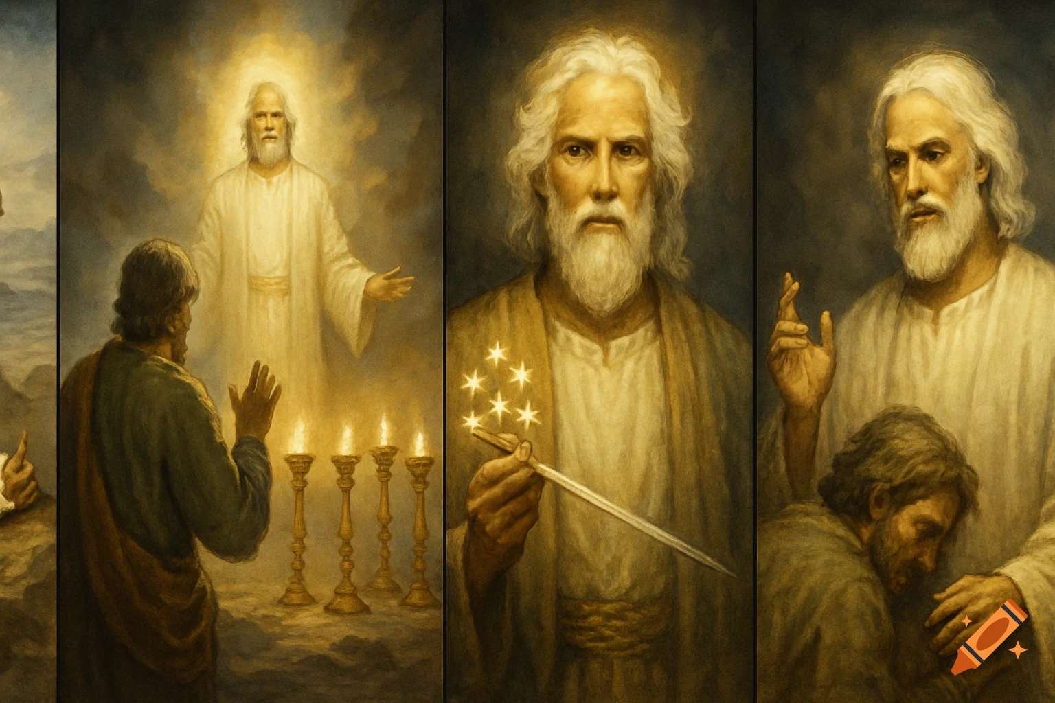 Painted storyboard panels illustrating biblical scenes from Revelation, featuring robed figures, glowing entities, and ancient artifacts.